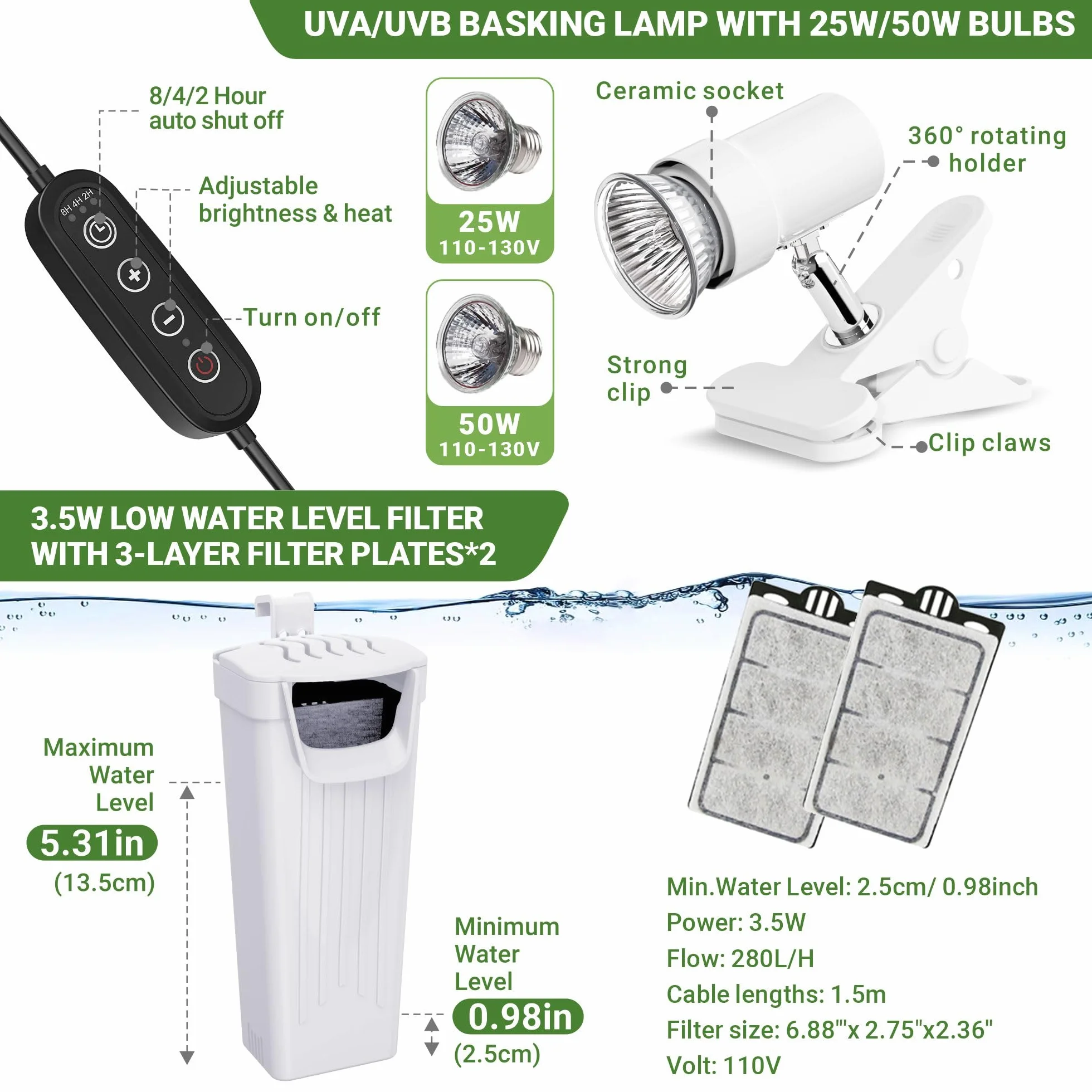 GOZILLA Kit Acquario per Tartarughe Acquatiche con Lampada e Filtro Regolabili, Habitat Rettili con Coperchio