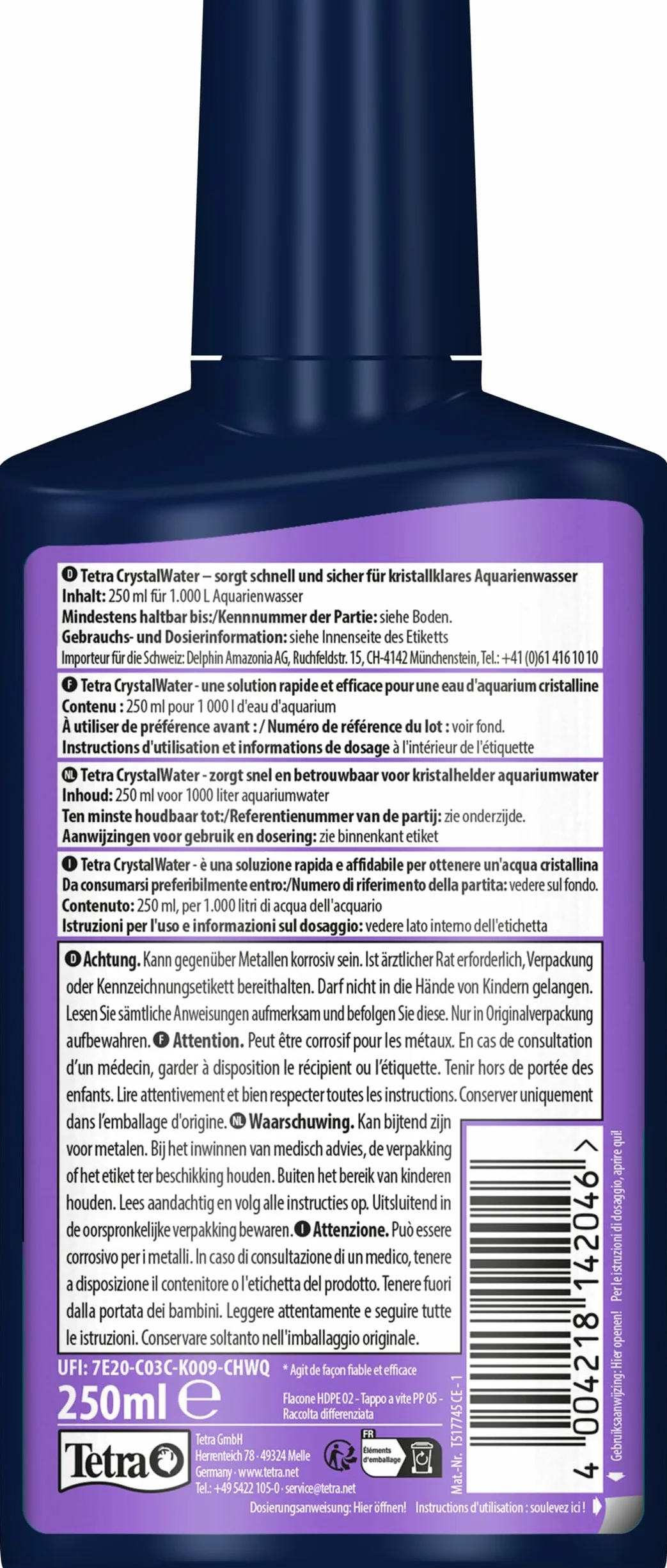 Tetra CrystalWater 250 ml Elimina Intorbidimento Acqua Acquario