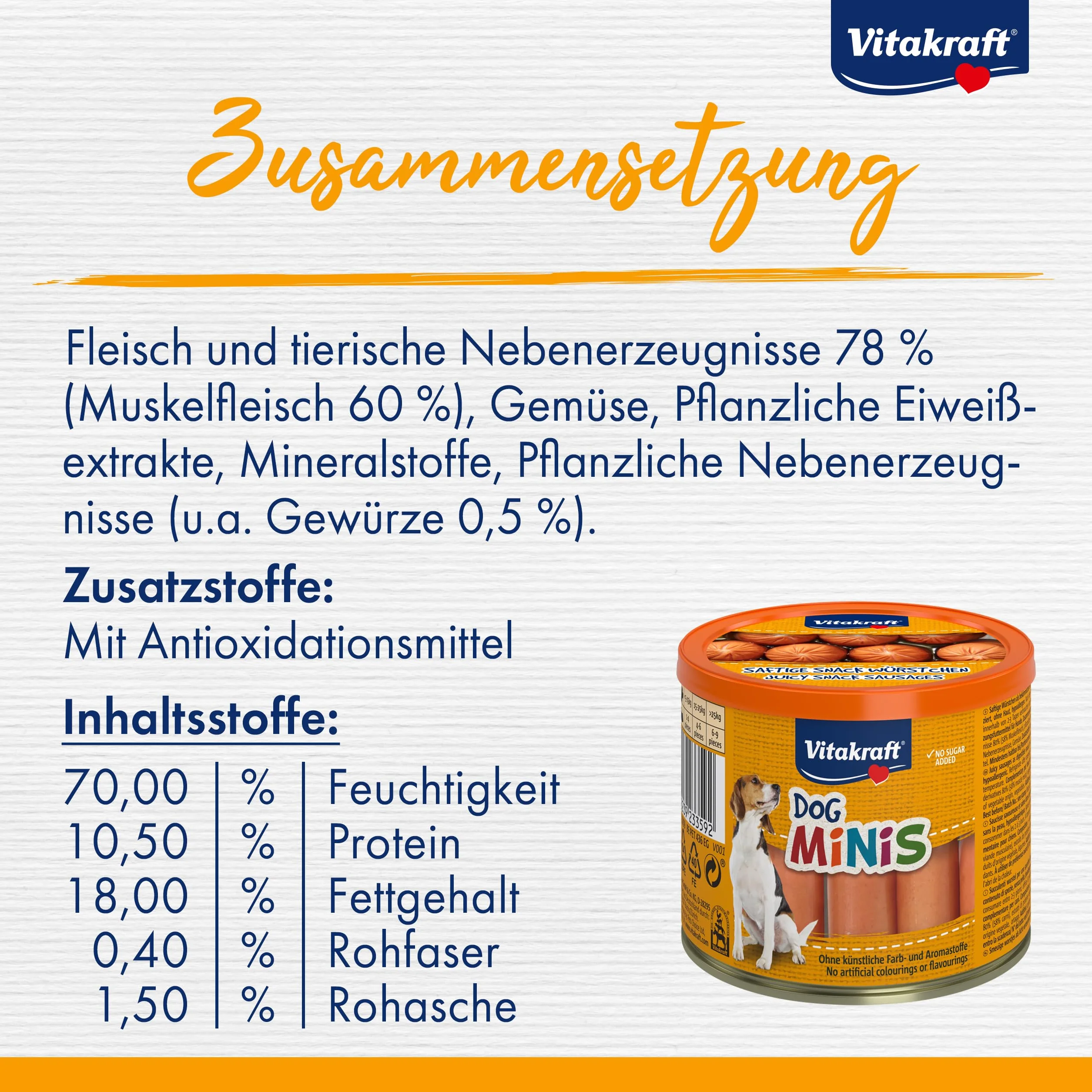 Vitakraft Dog Minis, snack cane, piccoli wurstel con pollame, in barattolo con coperchio, snack per l’addestramento del cane, a ridotto contenuto di spezie, senza zuccheri aggiunti (1x 120g)