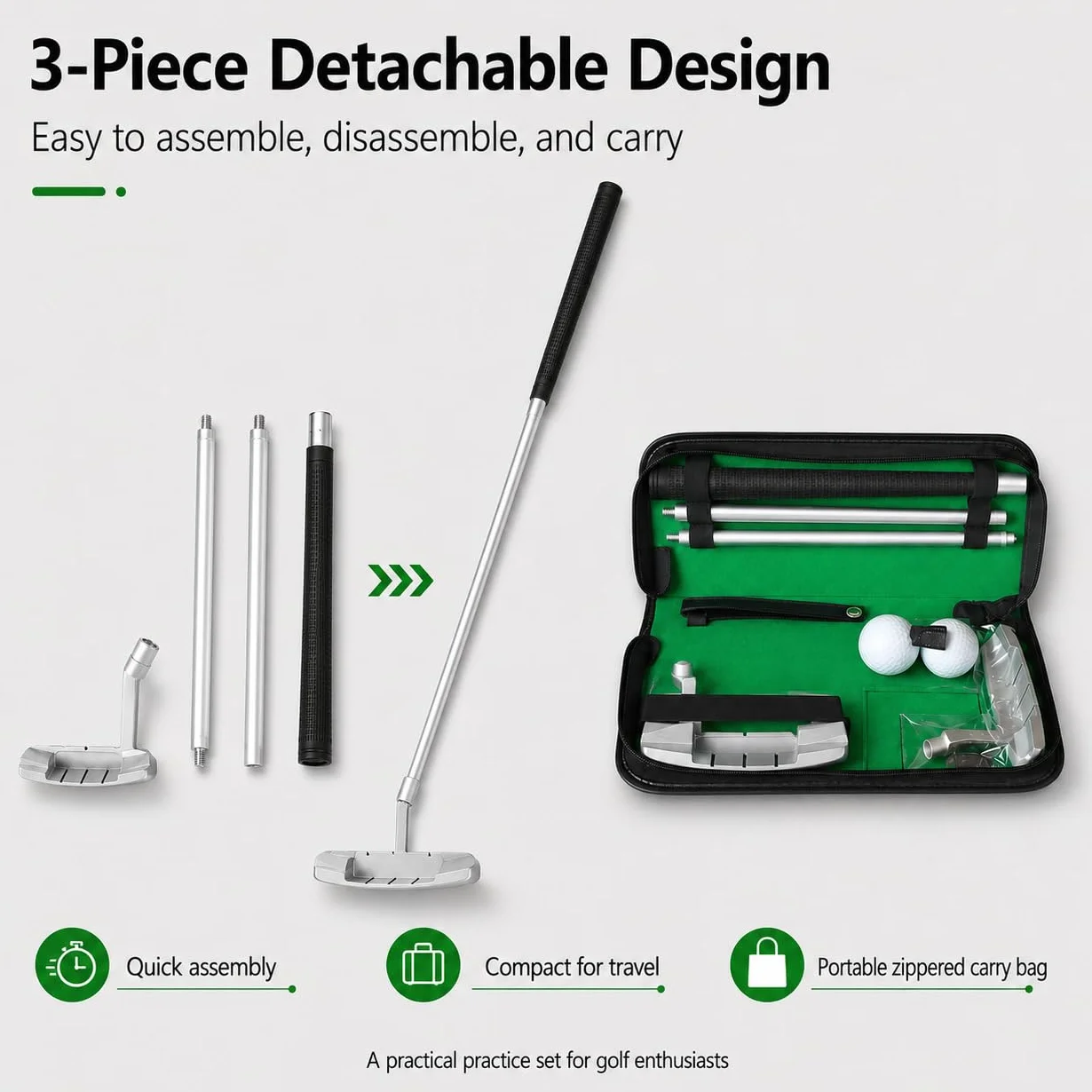 VOBOR Kit Golf Putter Portatili, Lega di Zinco, Indoor Practice Training Club con 2 Palline e Borsa, per gli Appassionati di Golf