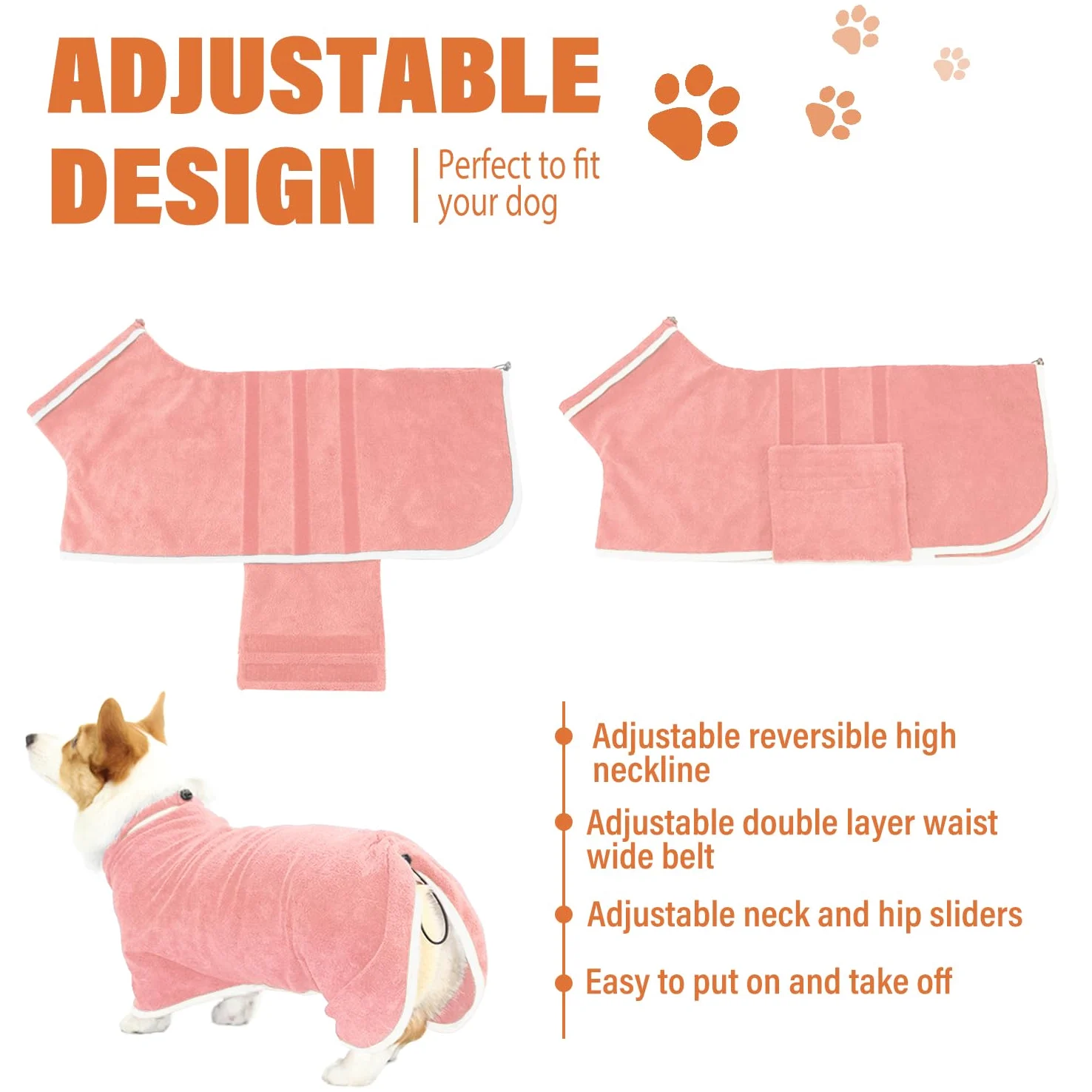 Accappatoio per cani, ad asciugatura rapida, in microfibra, super assorbente, con collare regolabile e cinghia per la pancia (rosa, XXL)