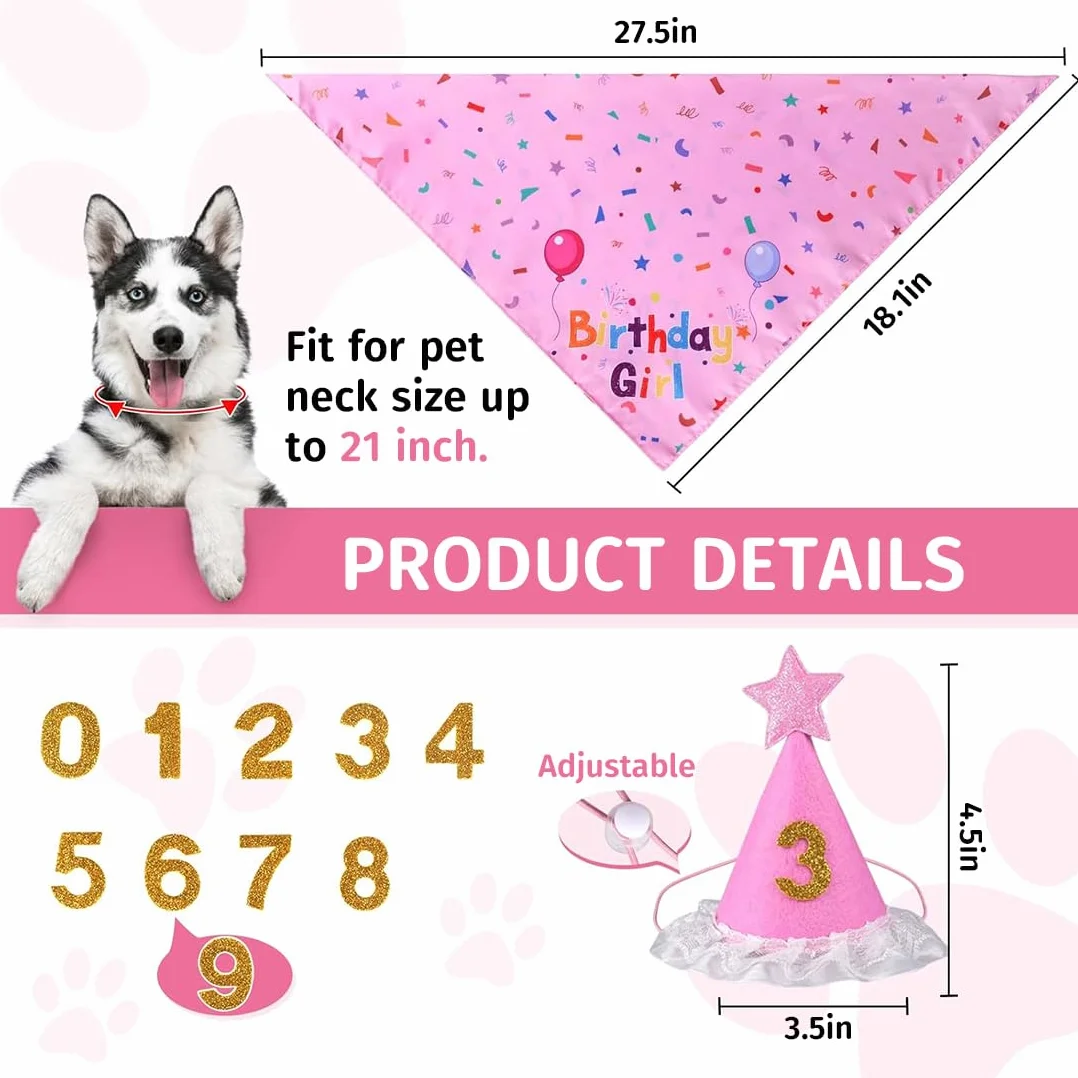 Set per feste di compleanno per cani, bandana e cappello, regalo e decorazione, Rosa