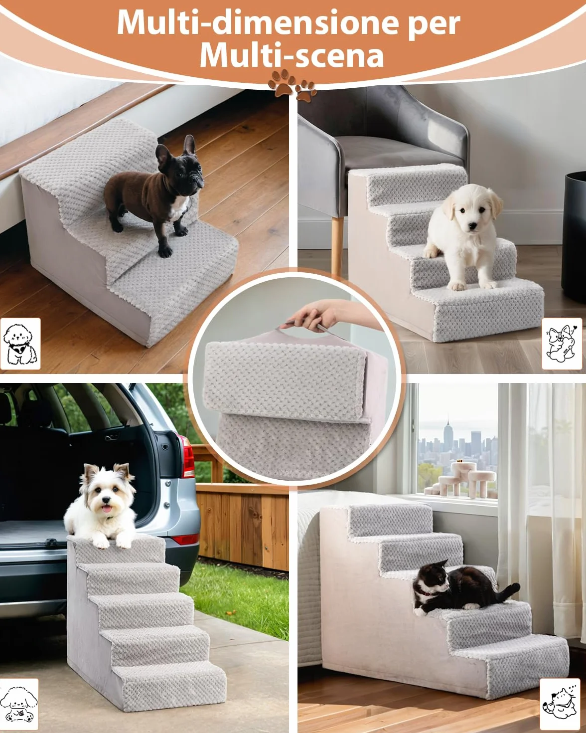 Scala per cani di piccola taglia alta 44 cm con rivestimento lavabile rimovibile antiscivolo per letto divano grigio