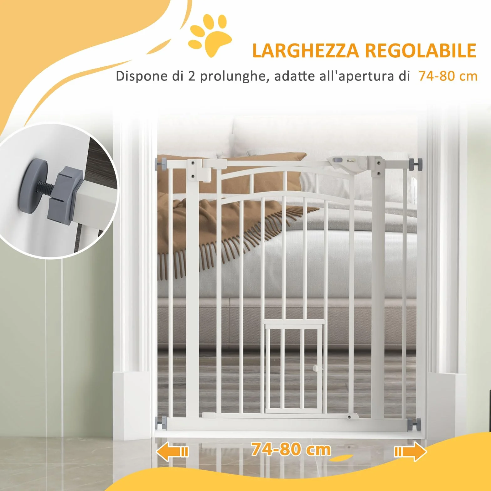 PawHut Cancellino per Cani Estensibile con Chiusura Automatica, Acciaio e PA, 74-80x76 cm, Bianco