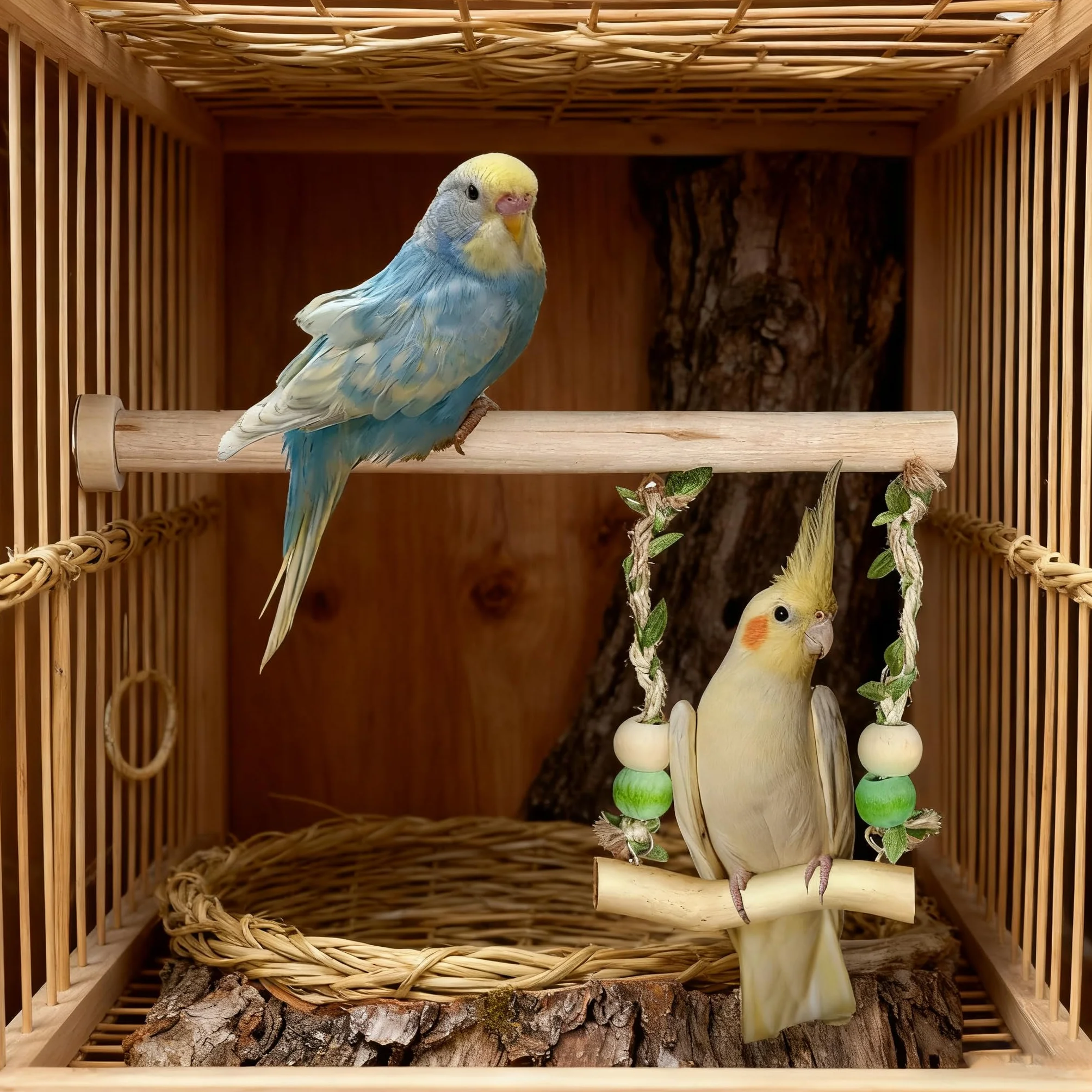 Altalena per uccelli in legno naturale trespolo 25 cm corda intrecciata giocattolo gabbia pappagallini