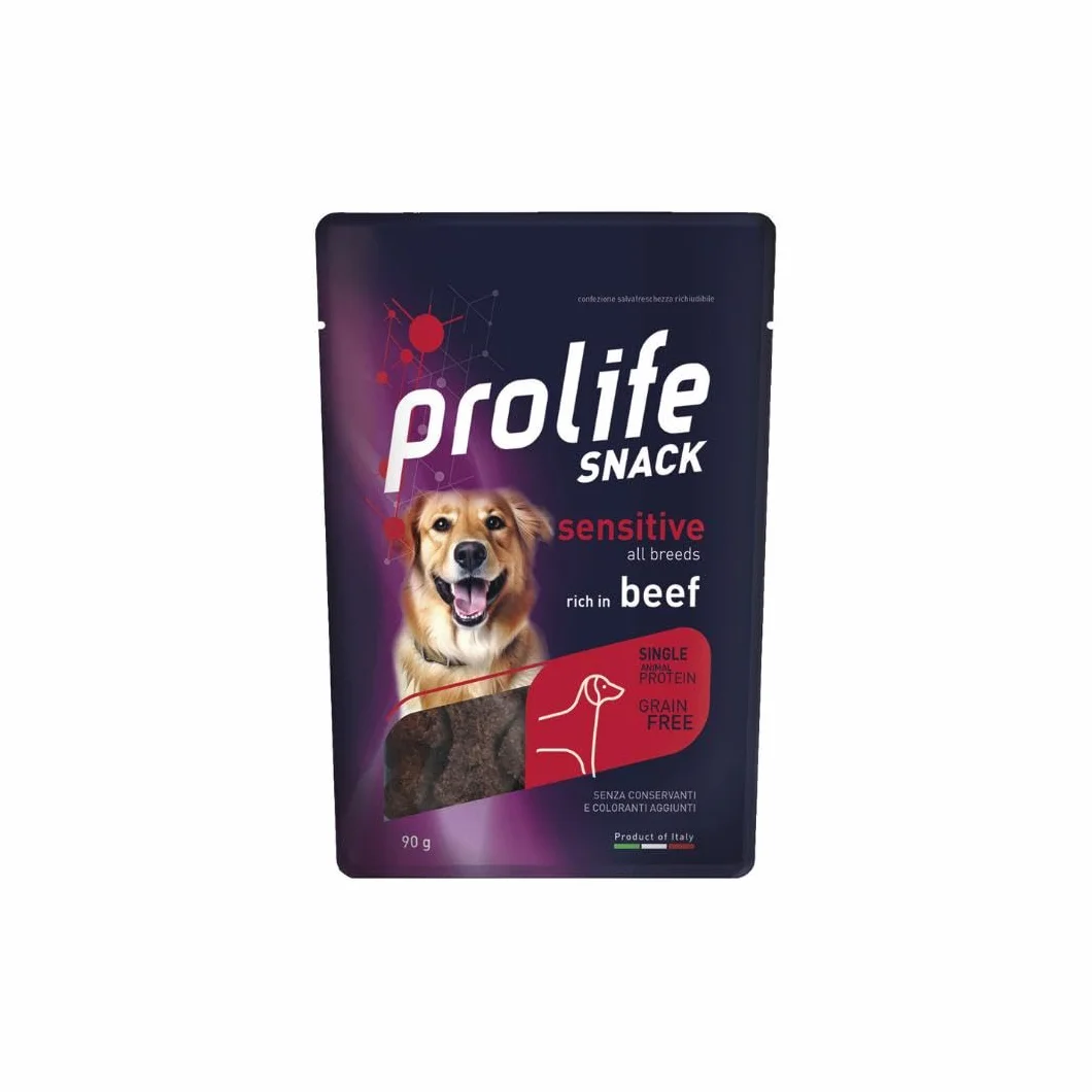 Prolife Snack Cane Adult Sensitive gusto MANZO, snack per cani adulti di tutte le taglie senza conservanti e senza cereali, grainfree, monoproteico | 3 bustine da 90 grammi l’una.