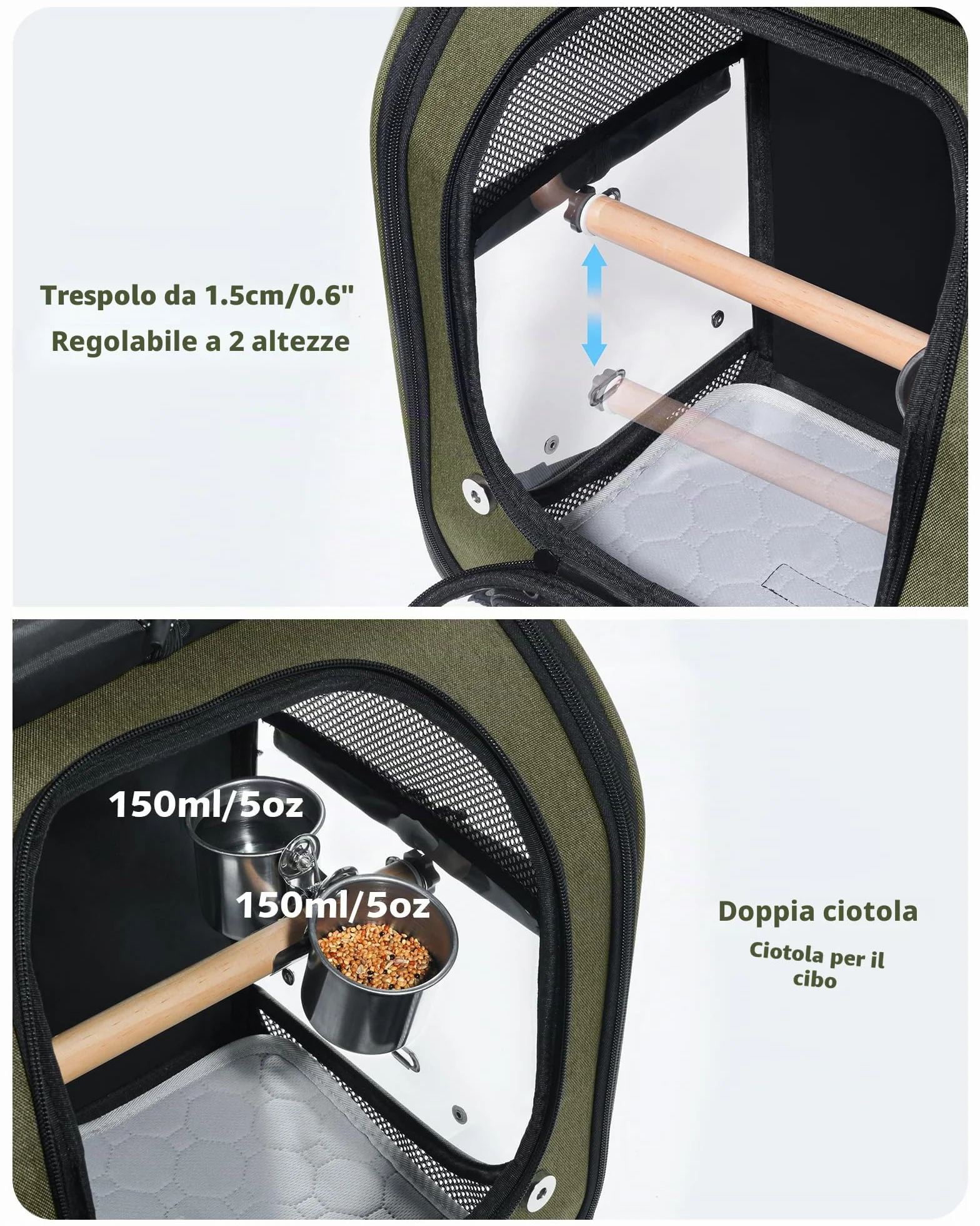 Pecute Gabbia Zaino per Pappagalli - Zaino Trasportino per Uccelli Portatile e Pieghevole con Finestra, Ciotole e Trespolo Amovibili, Sicuro e Traspirante per Veterinario e Uscite, Verde Oliva