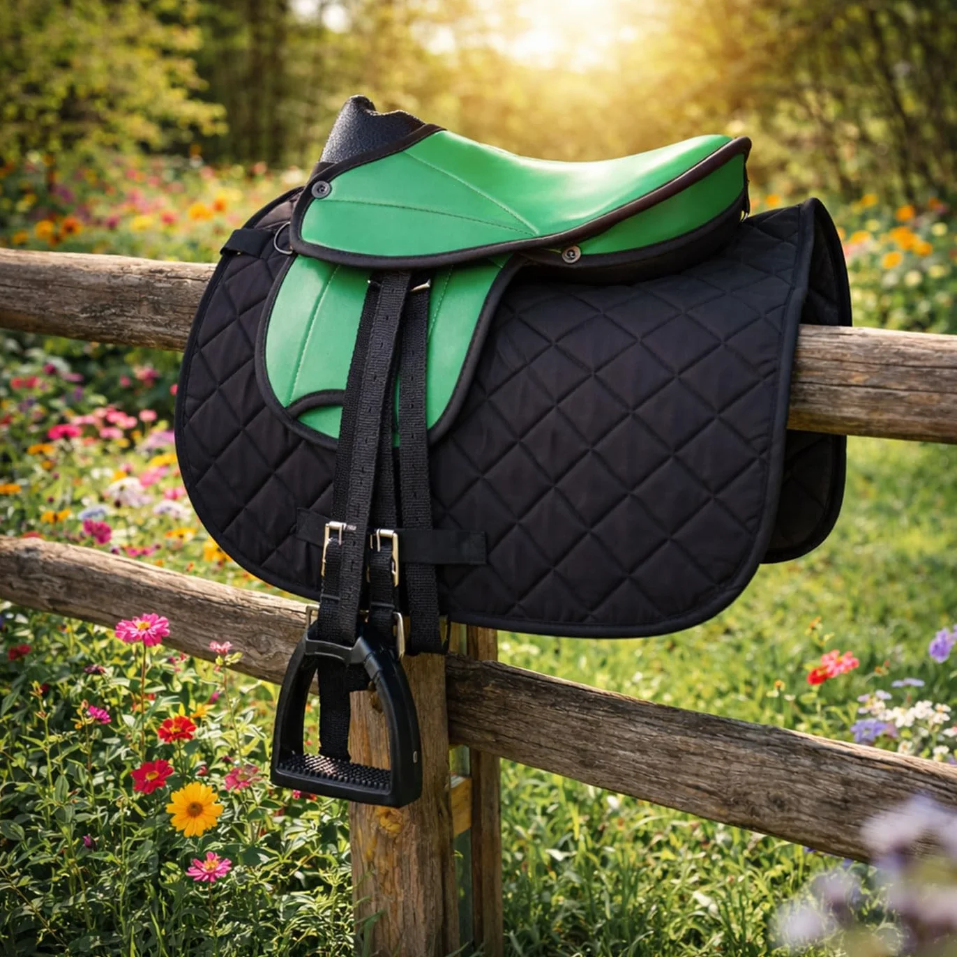 Brama West Set di sella per cavalli in legno per bambini "My Happy Pony" | Sella per Shetty Pony cavallo in legno | con copertura per sella, cinghia per sella, staffe e staffe (verde sella)