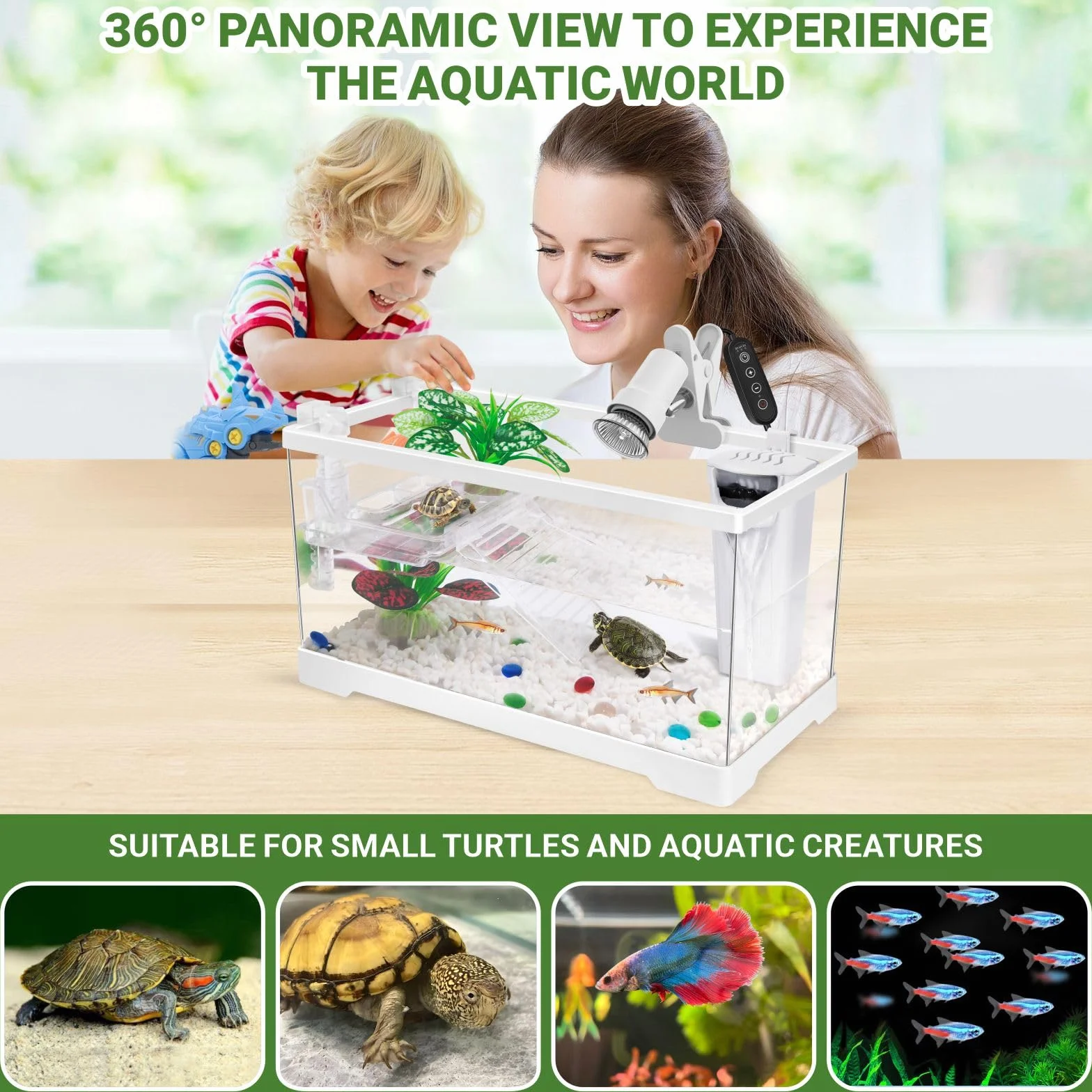 GOZILLA Kit Acquario per Tartarughe Acquatiche con Lampada e Filtro Regolabili, Habitat Rettili con Coperchio
