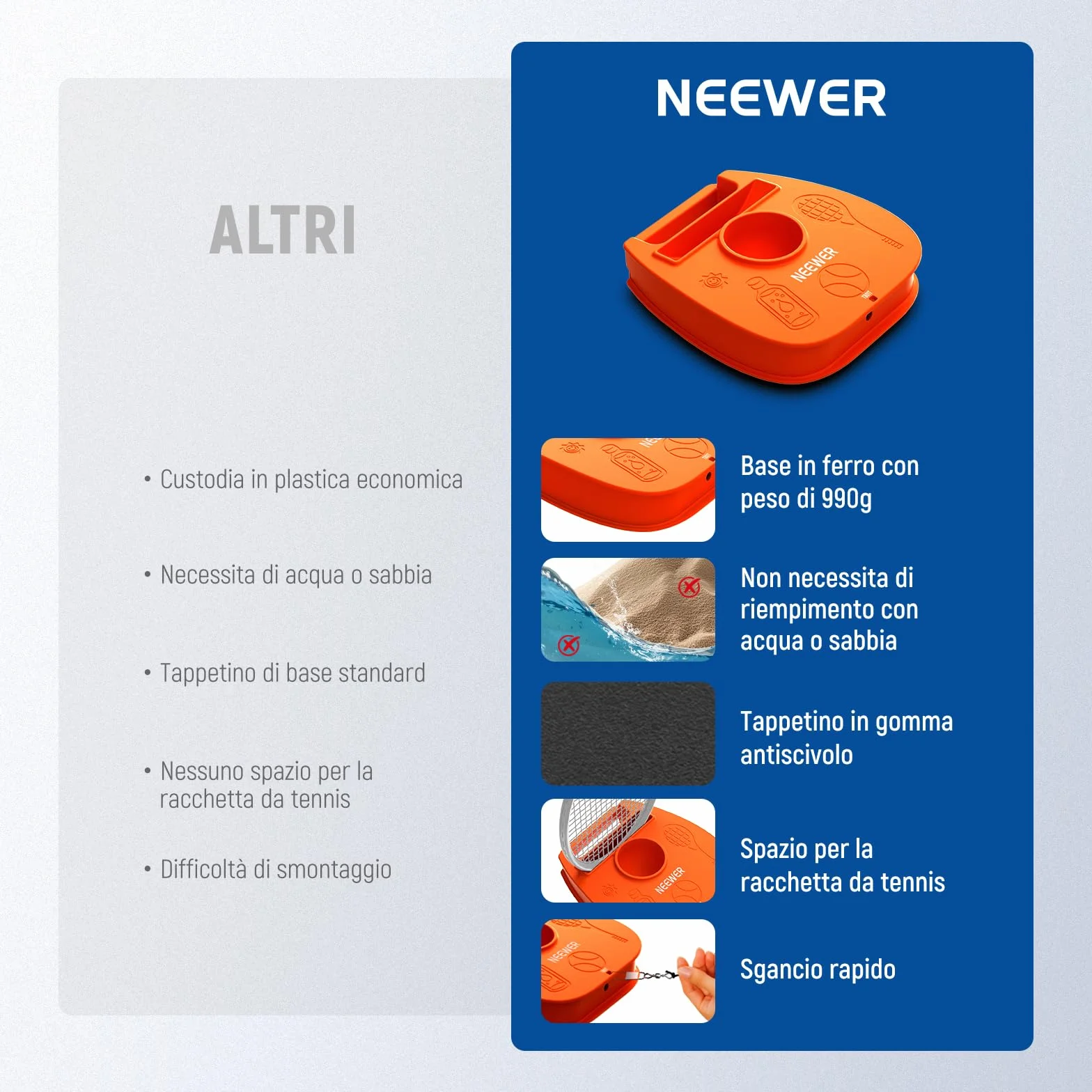 NEEWER Set di Palline da Tennis Portatili con Base in Ferro Antiscivolo, Supporto per Racchetta, 3 Palline con Corda Elastica, Rimbalzatore Allenamento Individuale per Adulti TB01Z