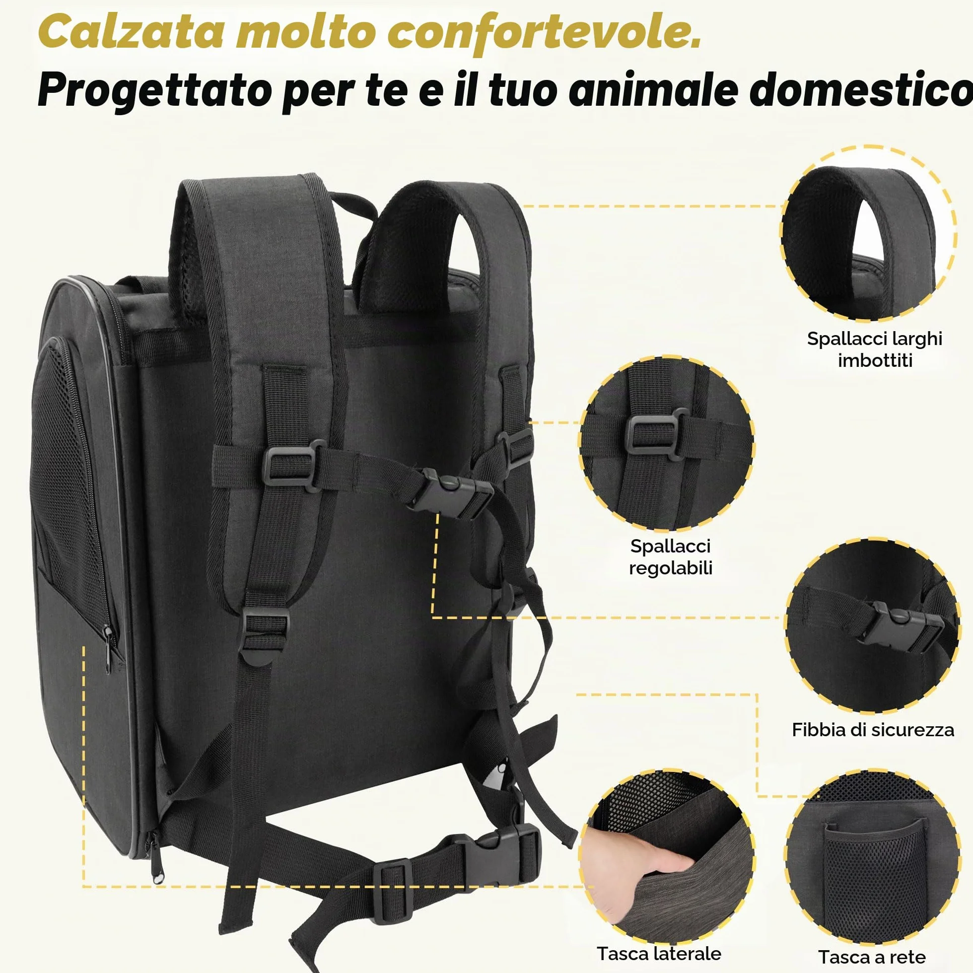 Zavothy Zaino per Cani e Gatti, Zainetto Trasportino Portatile e Pieghevole, con Finestra a Rete e Supporto Imbottito per la Schiena, Traspirante, Carico Massimo 8kg (Nero)
