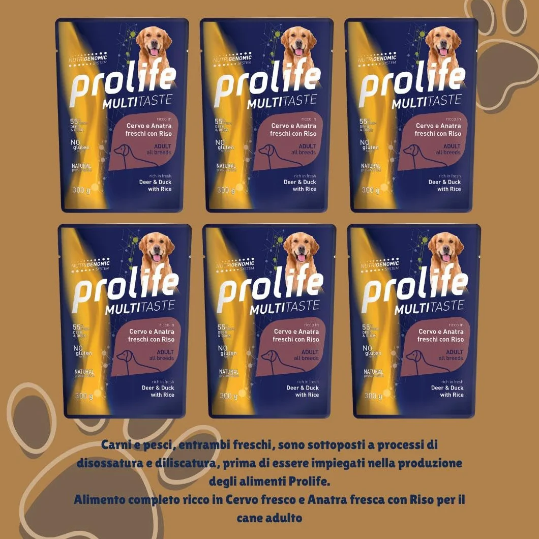 Prolife Umido Cane Multitaste 300gr, alimento completo di qualità per cani adulti di tutte le taglie, gusto CERVO, ANATRA e RISO | 6 bustine da 300 grammi l’una.