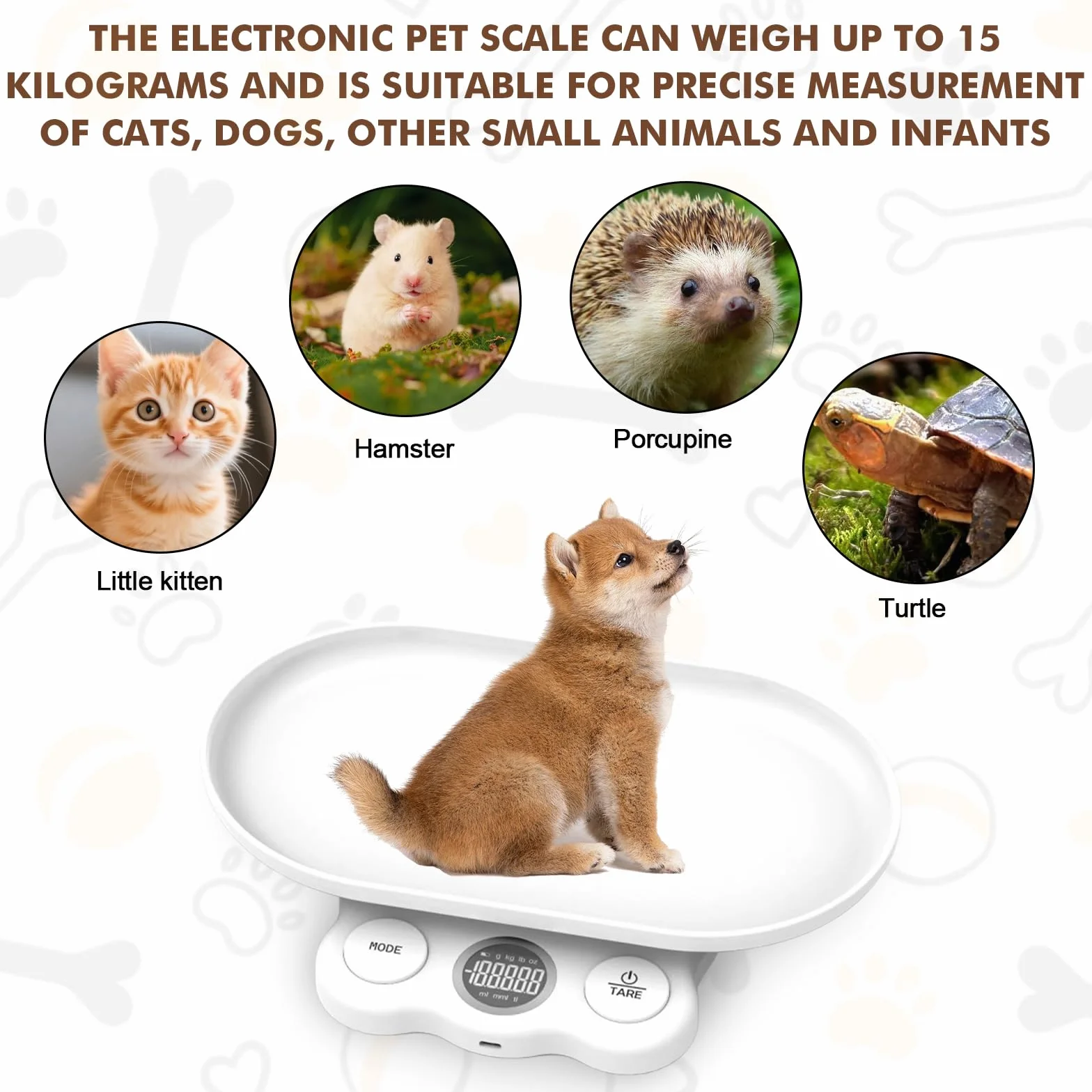 Bilancia per animali di piccola taglia, 15 kg, bilancia digitale per animali domestici, precisa su 1 g, LCD digitale con 7 modalità di pesatura (g/kg/oz/lb/ml/mml/tl), bilancia digitale per bambini