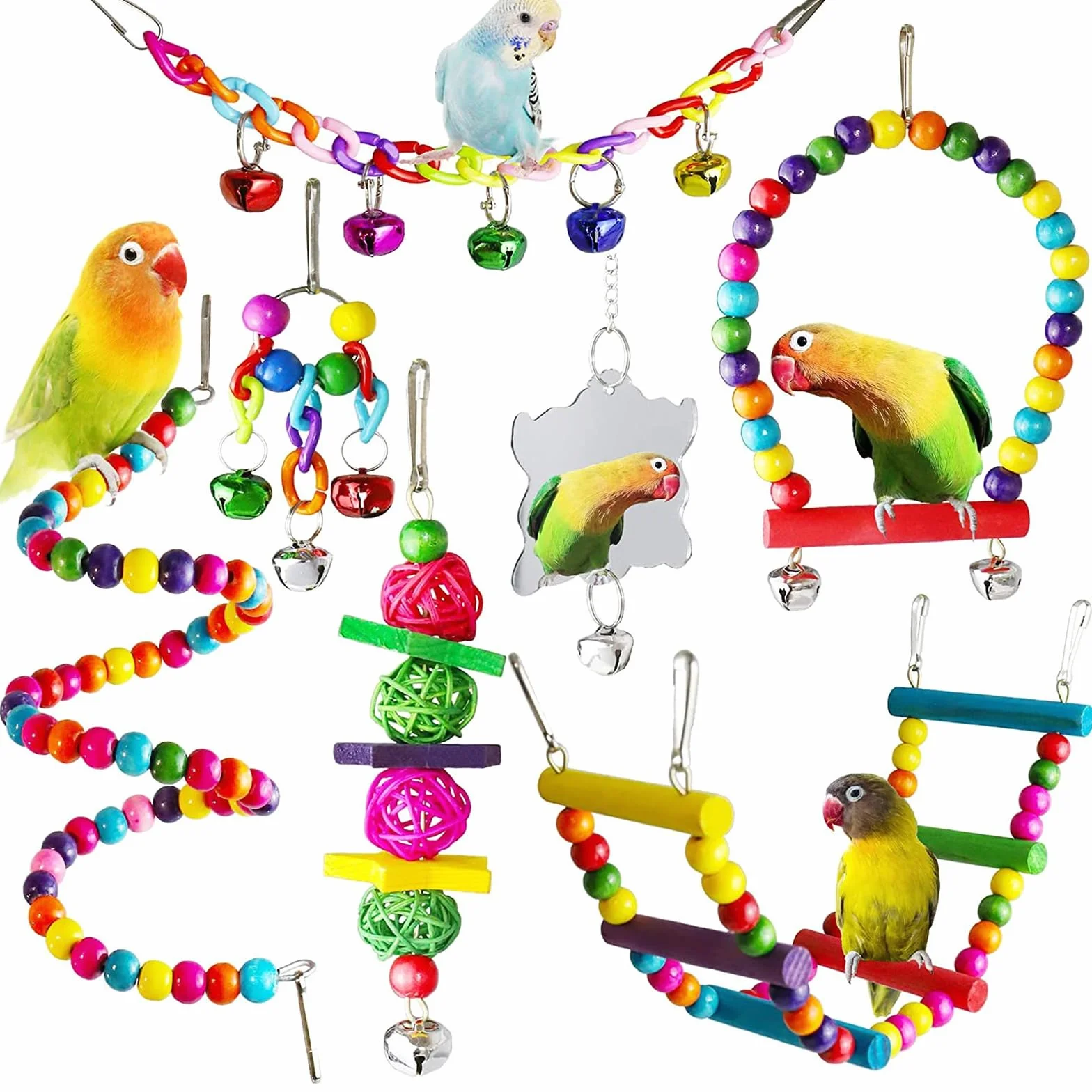 Set 7 Pezzi Giochi per Pappagalli con Campanelle e Altalene - Giocattolo Colorato da Masticare per Cockatiels e Uccelli