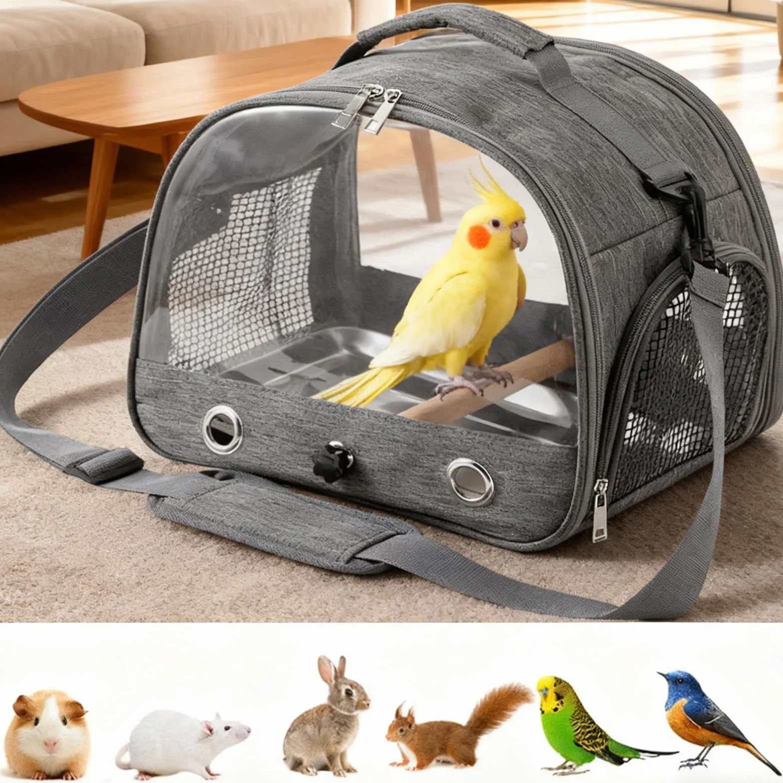 Borsa per uccelli con asta e vassoio in acciaio inox, per il trasporto di uccelli, traspirante, portatile, per pappagallini, piccoli animali, Bird Transport Box (grigio)