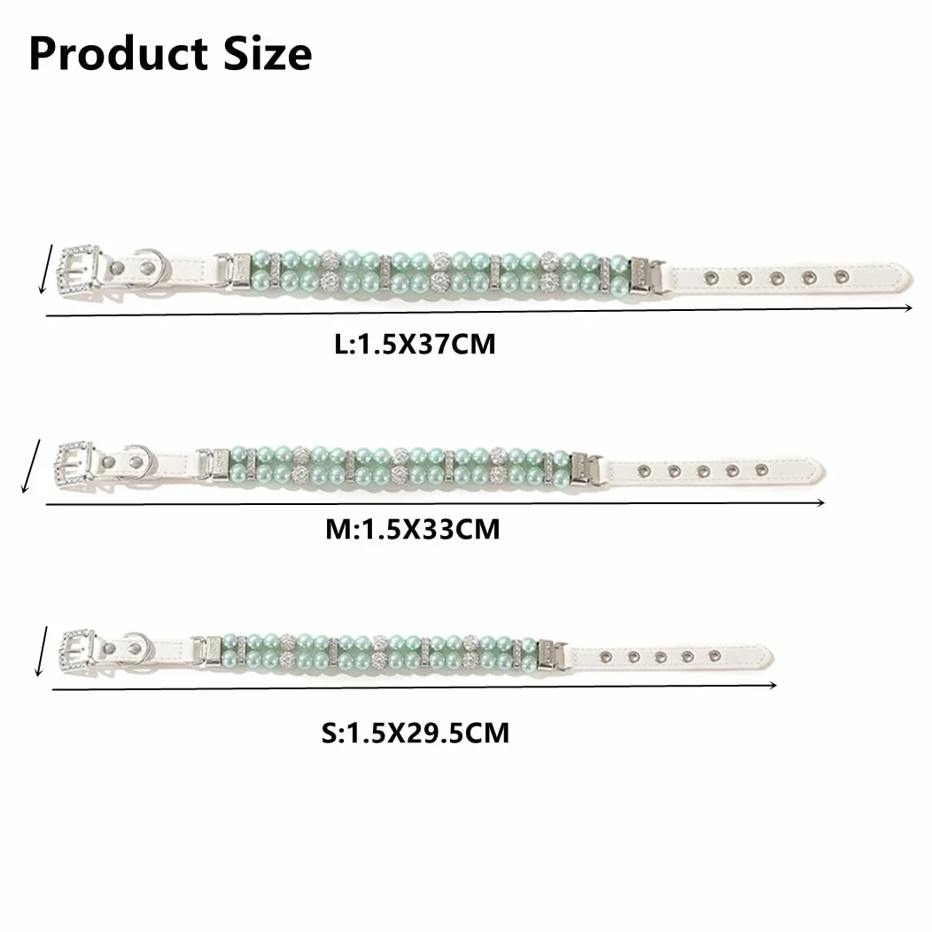 PU Leather Pearl Cat Dog Collar Adjustable Chihuahua 1.5x33cm M Verde