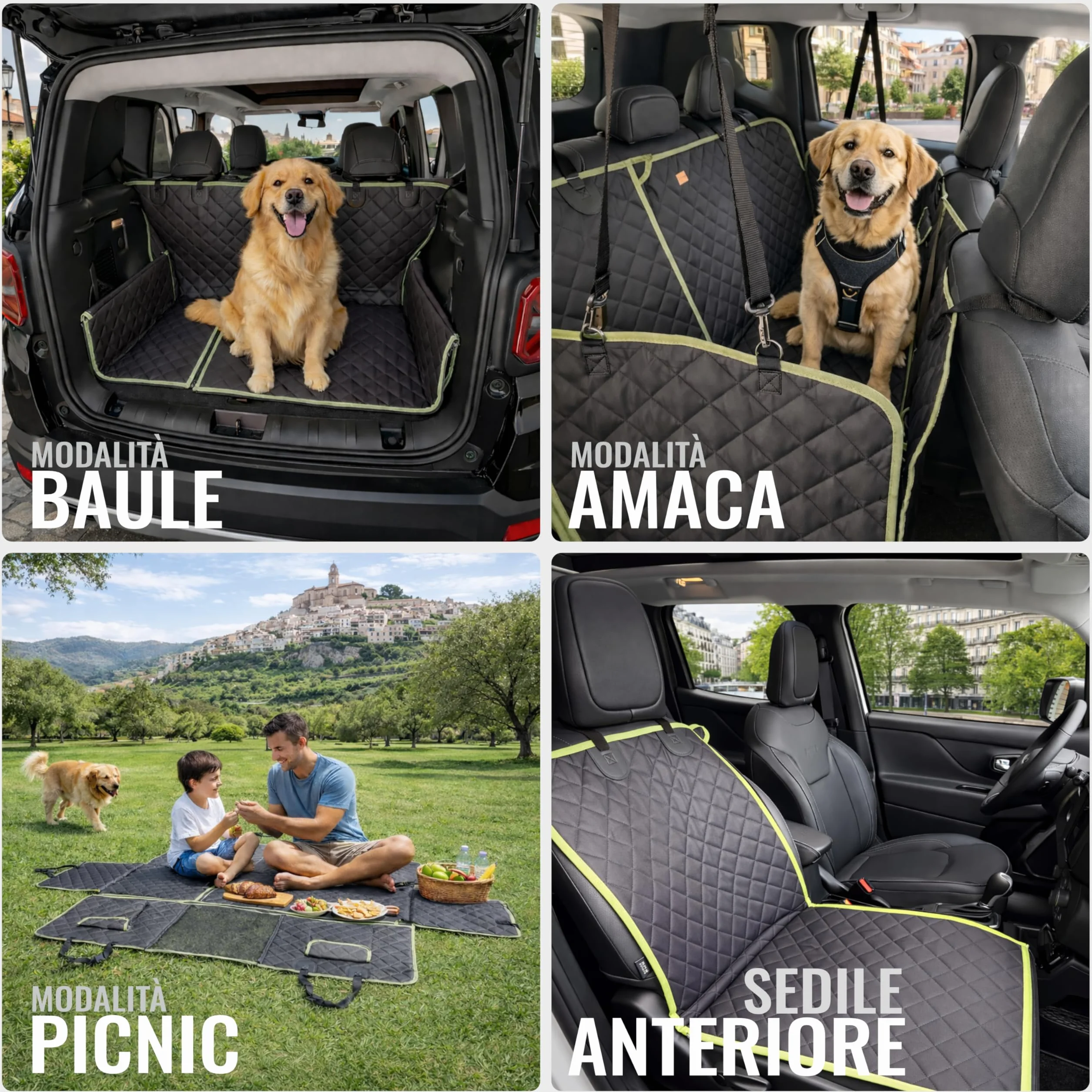 Telo Cane Auto Sedili Posteriori 6-in-1 | Telo Macchina per Cani Impermeabile 600D, Copertura Sedili Auto per Cani Universale con Finestra a Rete, Protezione Laterale