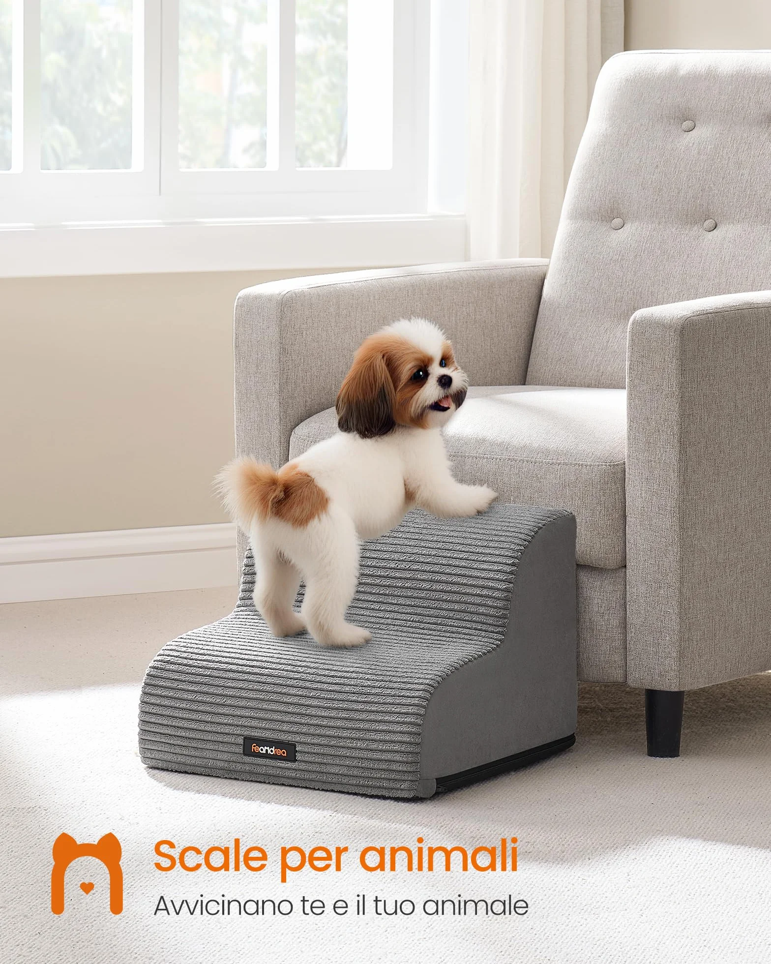 Feandrea Scala a 2 Gradini per Cani, Impermeabile Antiscivolo, Copertura Sfoderabile Lavabile, Grigio Tortora PPS002G01