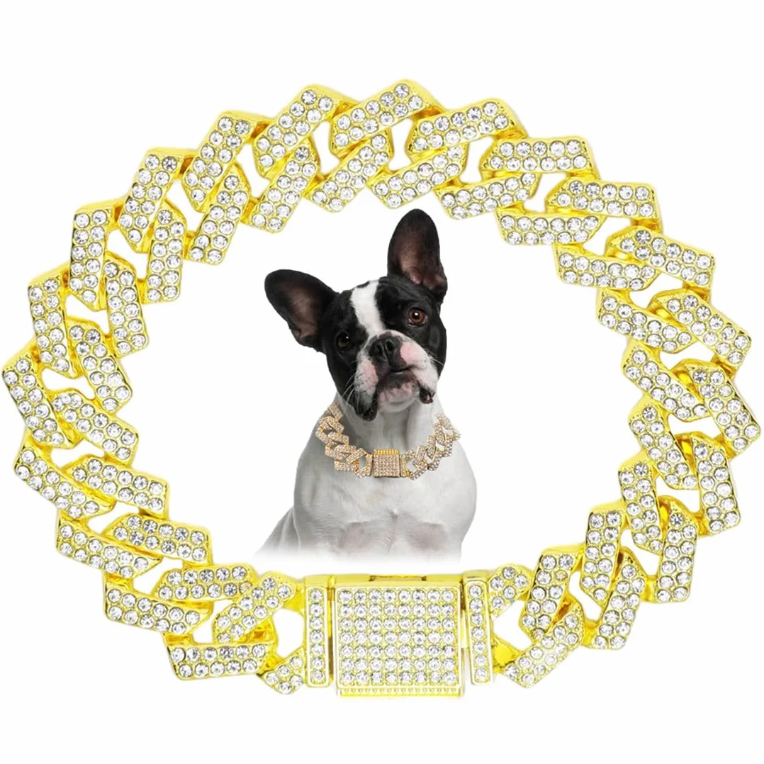 Collare a catena per cani e gatti con strass glitterati, taglia piccola media grande