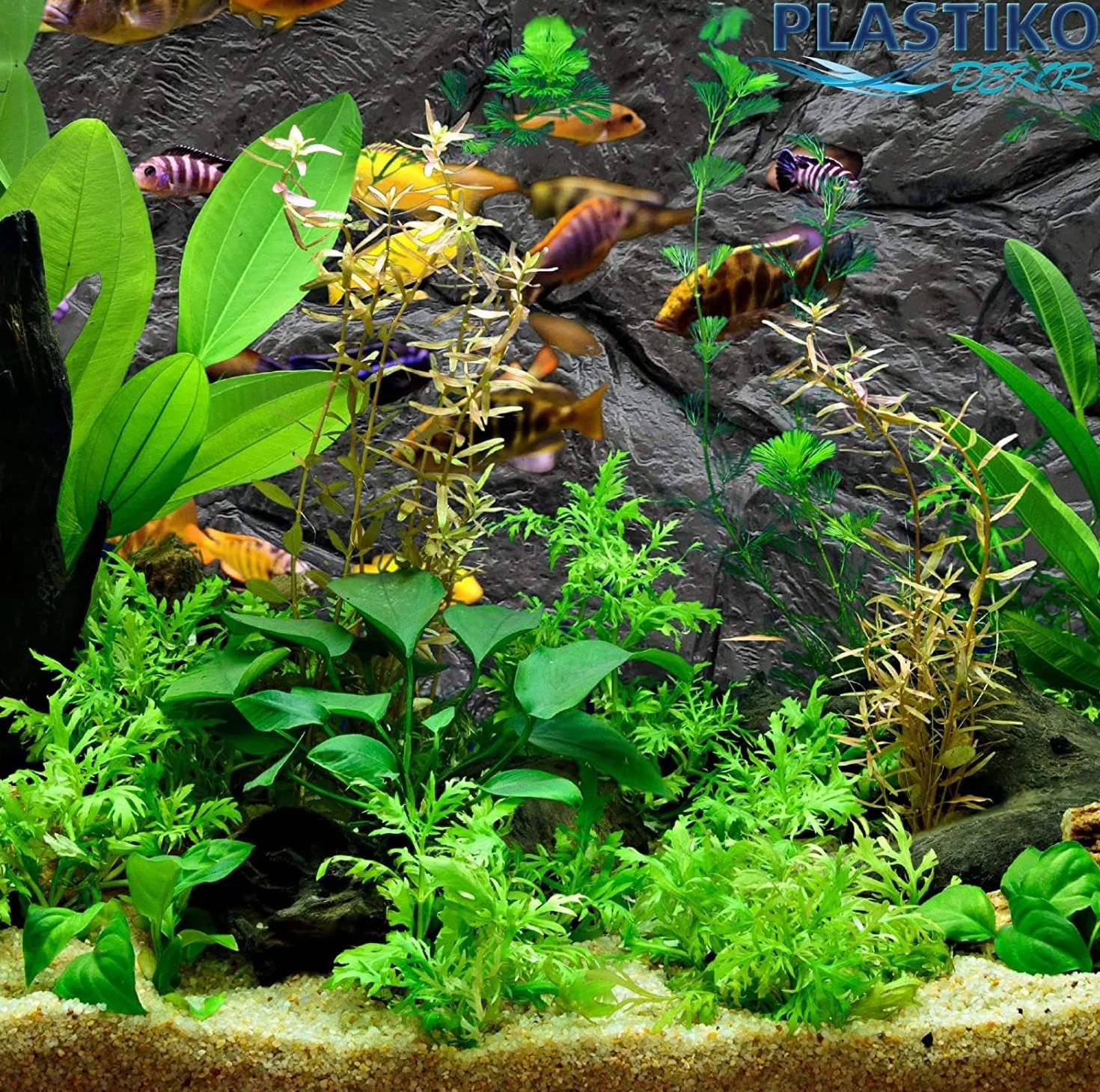 PLASTIKO - Acquario Sfondo 3D I 60x30 cm I Facile da Montare e Pulire I Non Richiede Colla I Sicuro per Gli Animali I Grigio con Un Modello di Pietre Basse