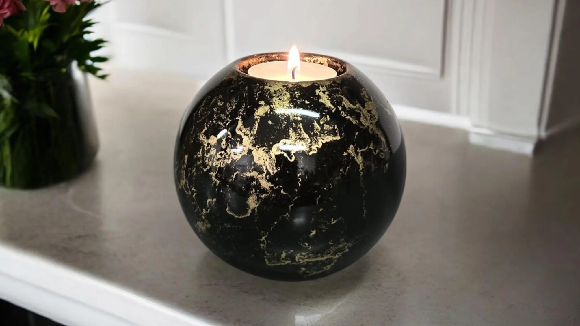 Urna per ceneri in vetro con portacandela - urna elegante per cane e gatto - 500 ml - nero oro