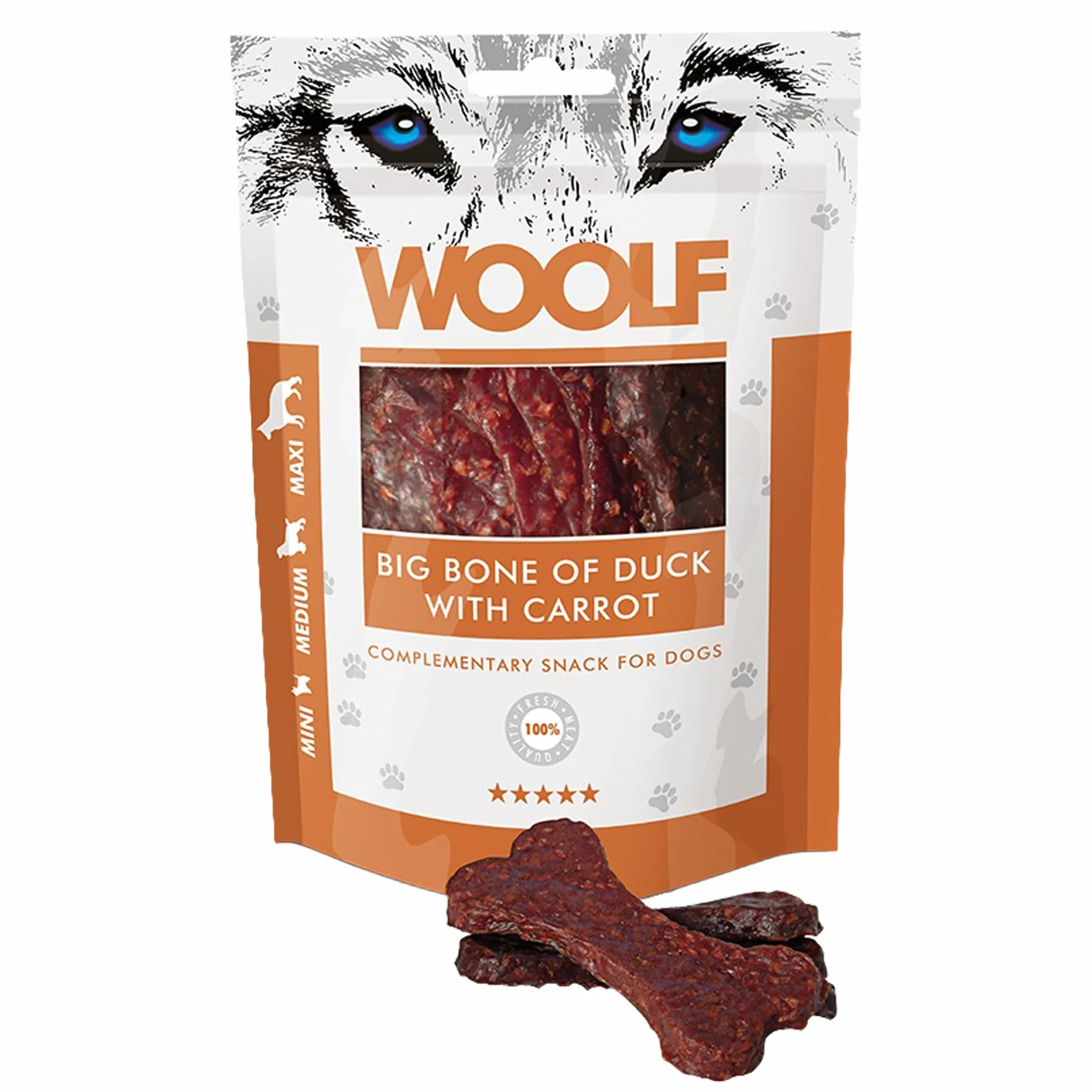 Snack per cani dental stick per cani premietti addestramento masticativi lunga durata osso pulizia denti cane al gusto anatra e carota 100 g | WOOLF