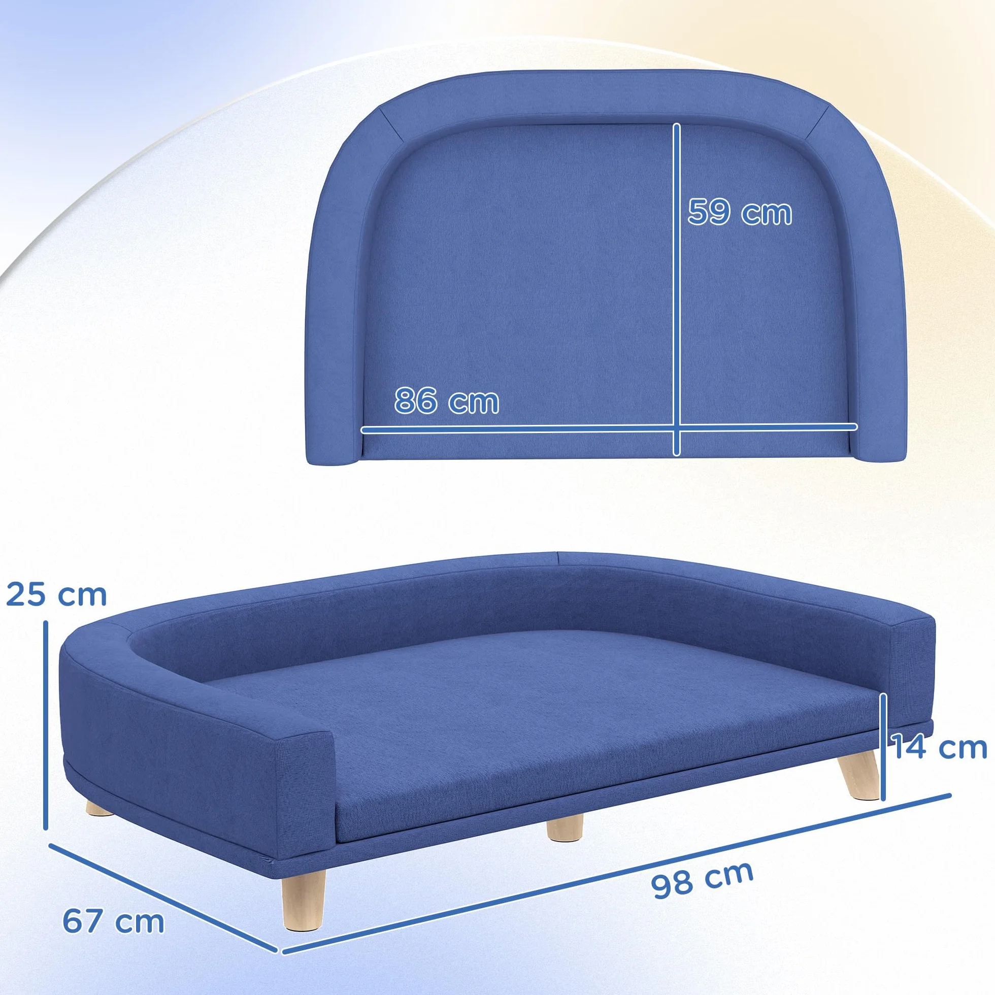 PawHut Divano per cani con gambe in legno, lavabile, con cuscino, per cani di taglia grande, 98 x 67 x 25 cm, blu