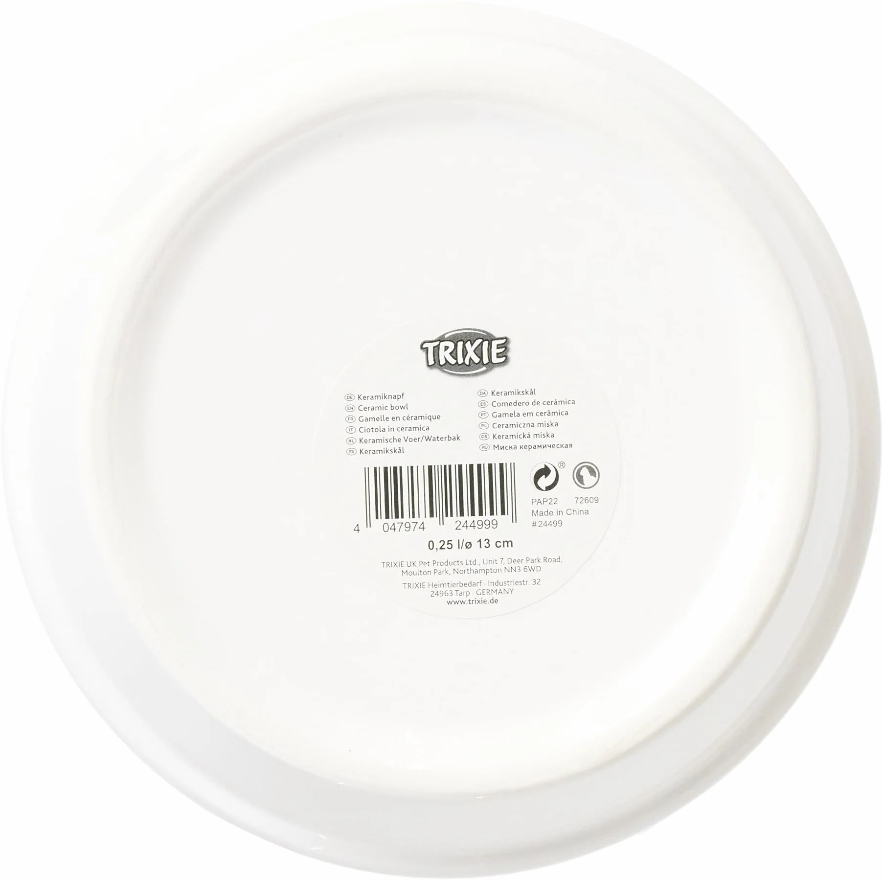 TRIXIE Ciotola in ceramica per gatti a bordo basso – Per rispettare i baffi sensibili – Antiscivolo & lavabile in lavastoviglie – Bianco, 0,25 l, ø 13 cm