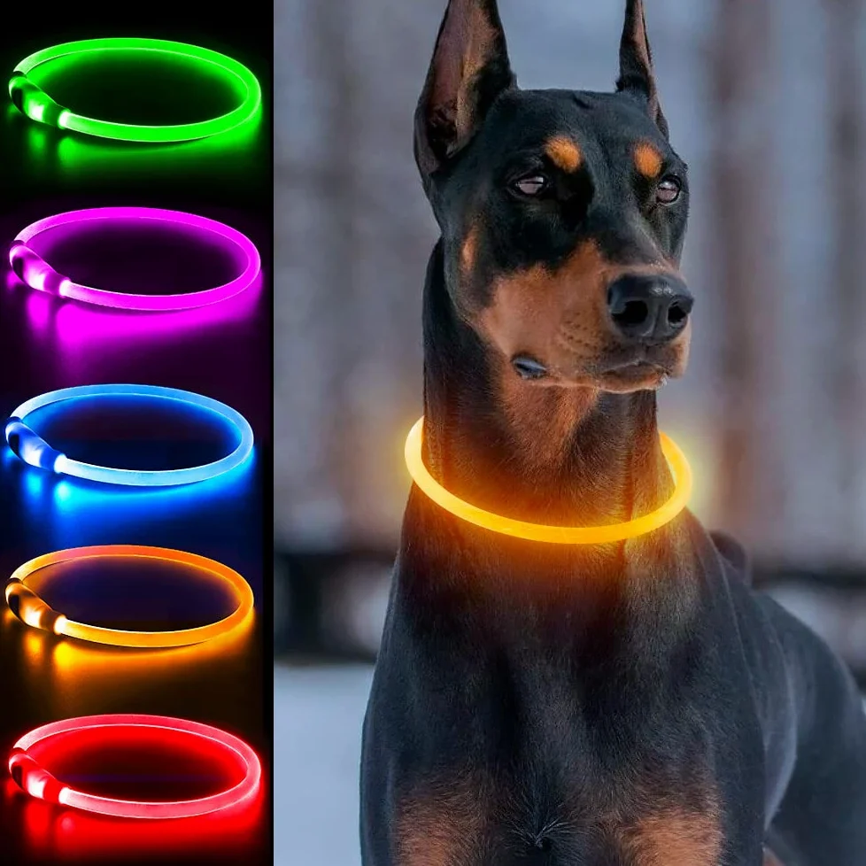 Collare per cani luminoso, multicolore, ricaricabile tramite USB, LED Dlitk LED, 1 pezzo, in TPU, taglia tagliabile, collare luminoso per cani, collare per cani di taglia grande, media e piccola che
