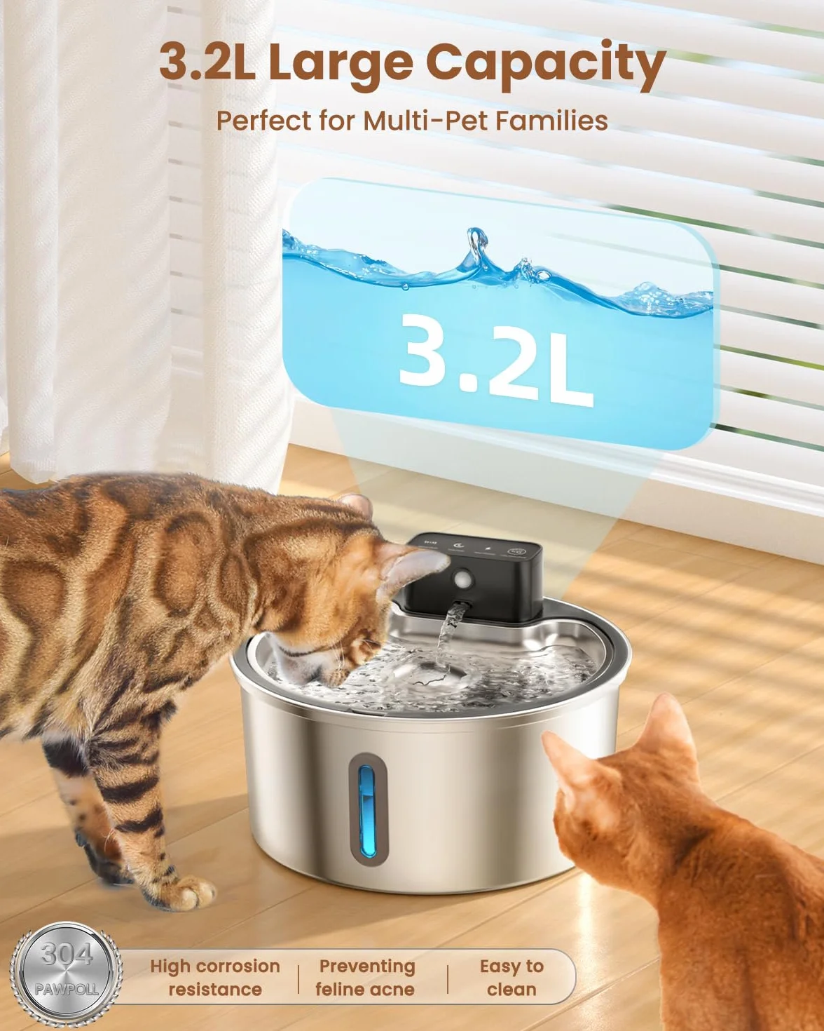 PawPoll Fontanella per Gatti senza Fili 3,2L con Batteria 4200mAh, Fontana per Gatti con Sensore di Movimento, Ultra Silenziosa 304 Acciaio Inossidabile Fontanella Gatto Ricaricabile