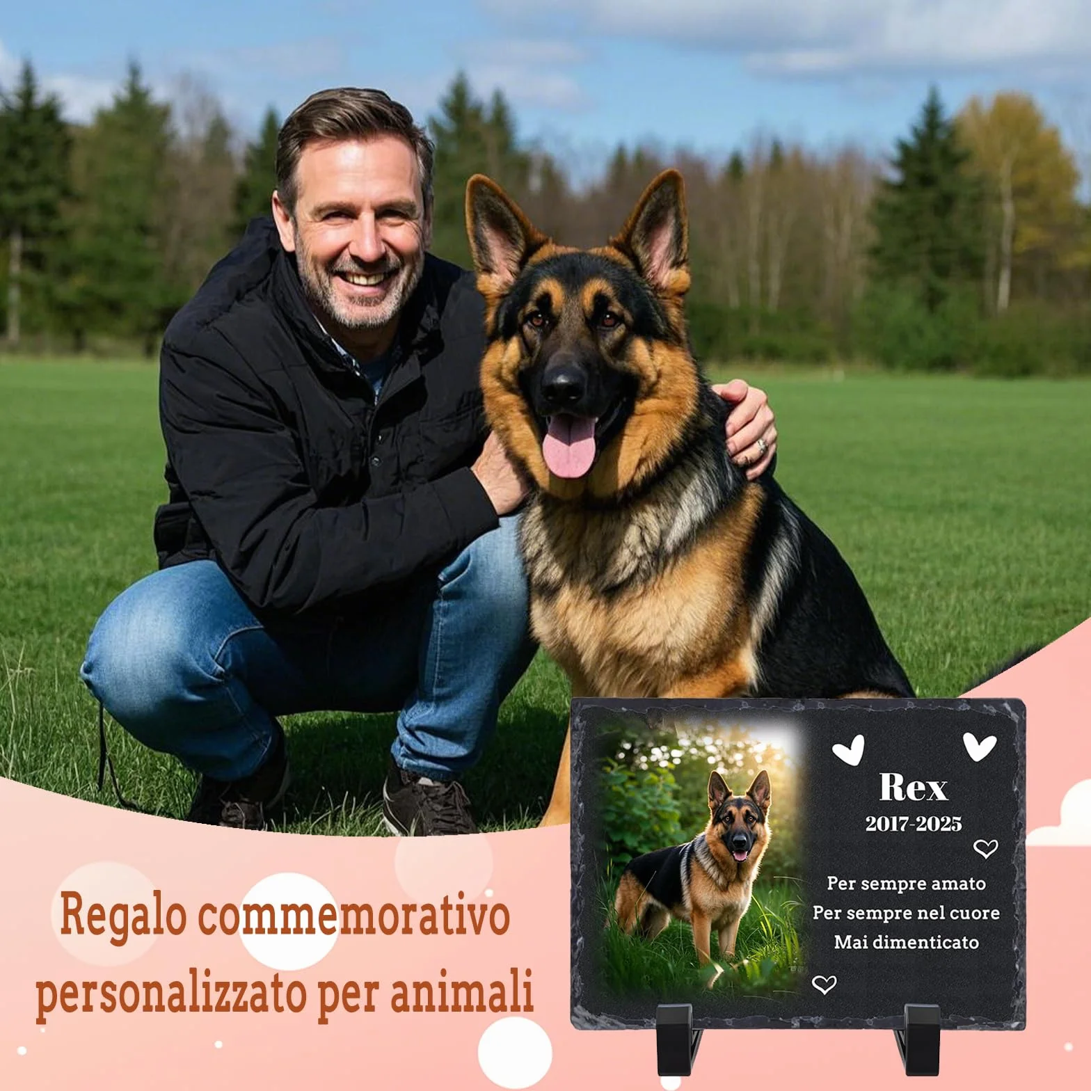 Targa commemorativa personalizzata in ardesia per animali domestici, lapide con foto e supporto 10x14 cm