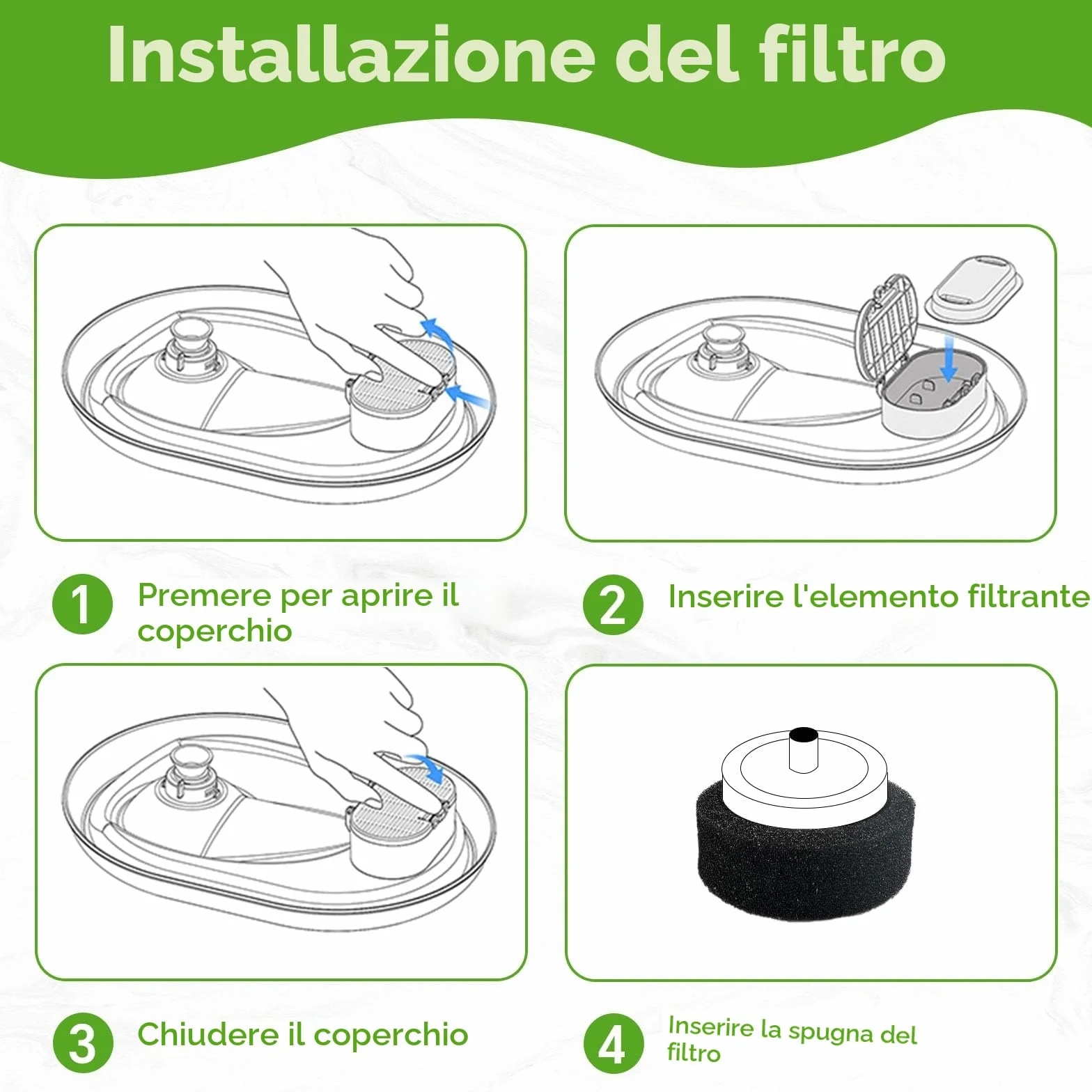 KOMABLEN 24 Pezzi Filtri Fontanella per Gatti, Filtro con 12 Filtro Carboni Attivi e 12 Spugna In Schiuma, Tripla Filtrazione Filtri Fontana Gatto Cappa, Cani Filtri di Ricambio per Acqua