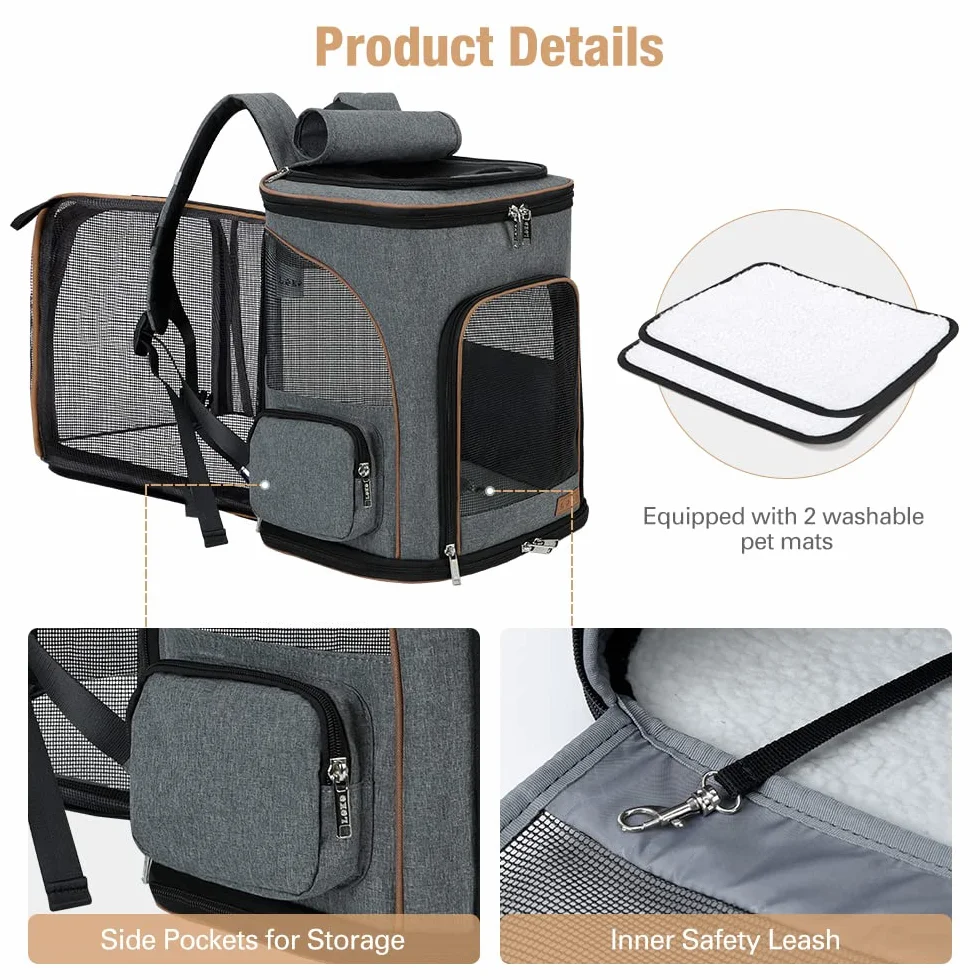 Lekesky Zaino per Cani Gatti Grande Porta Animali Estensibile, Portatile Zaino Trasportino Gatto Pieghevole con Guinzaglio Interno e 2 Tappetini, Per Cani Piccoli Gatti Medi Fino a 5 KG, Grigio