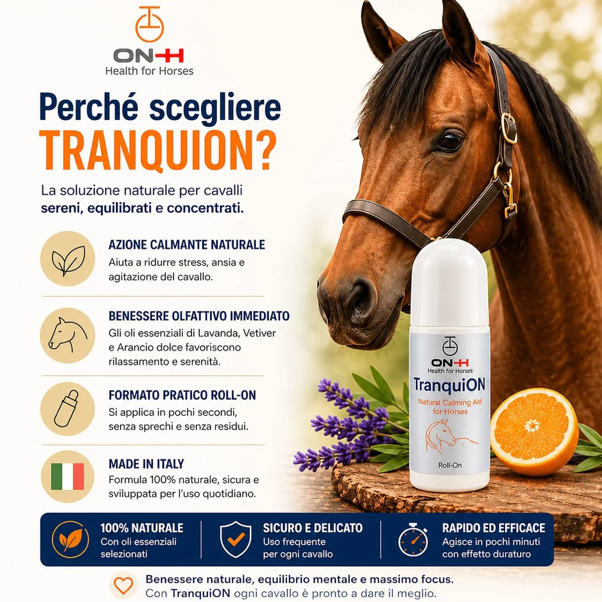 ON-H TranquiON Roll-On per Cavalli | Gel Rilassante Naturale Antistress | Applicazione Localizzata - Ideale Prima di Trasporto, Gara e Lavoro | azione Calmante senza Sedazione | Uso Quotidiano