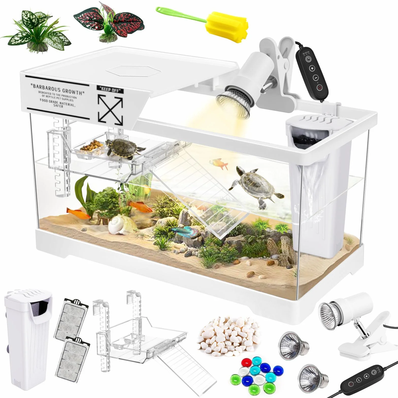 GOZILLA Kit Acquario per Tartarughe Acquatiche con Lampada e Filtro Regolabili, Habitat Rettili con Coperchio