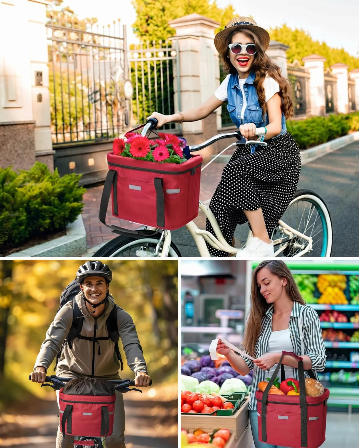 Cestino Bicicletta Anteriore, Cestino Rimovibile per Bicicletta Anteriore con Fissaggio rapido Pieghevole Fino a 5kg di Carico Cestino per Animali,Borsa per la Spesa,Campeggio All'Aperto, Rosso