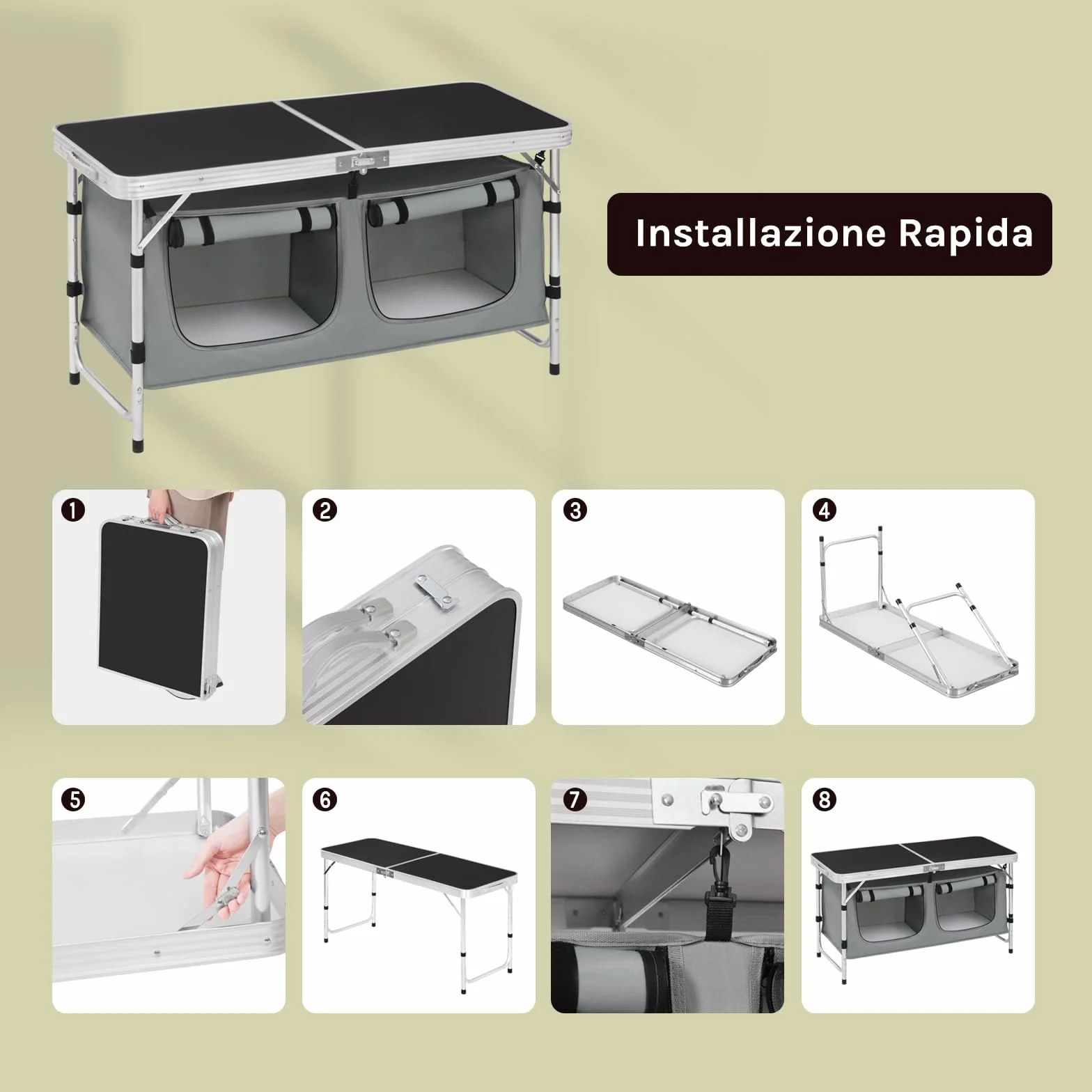 WOLTU Tavolo da Picnic Pieghevole, Mobile Cucina da Campeggio, MDF e Alluminio, 120 x 47 x 62/69.5 cm