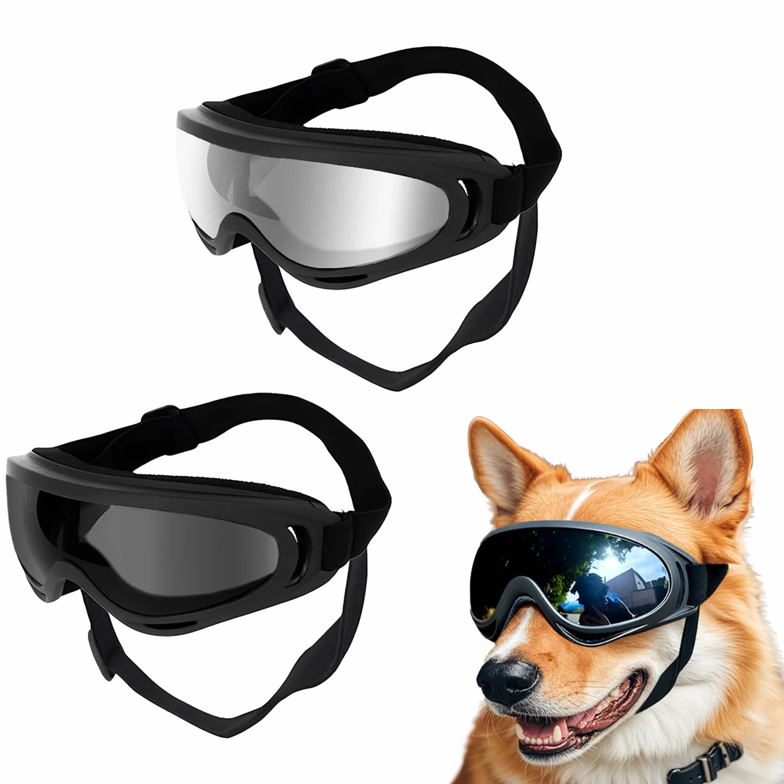 2Pezzi Occhiali per Cani, Occhiali Cane, Protezione UV Occhiali da Sole Cane, Antivento Occhiali da Sole per Cani di Taglia Media o Grande Attività all'Aperto, Guida, Arrampicata(Nero,Argento)