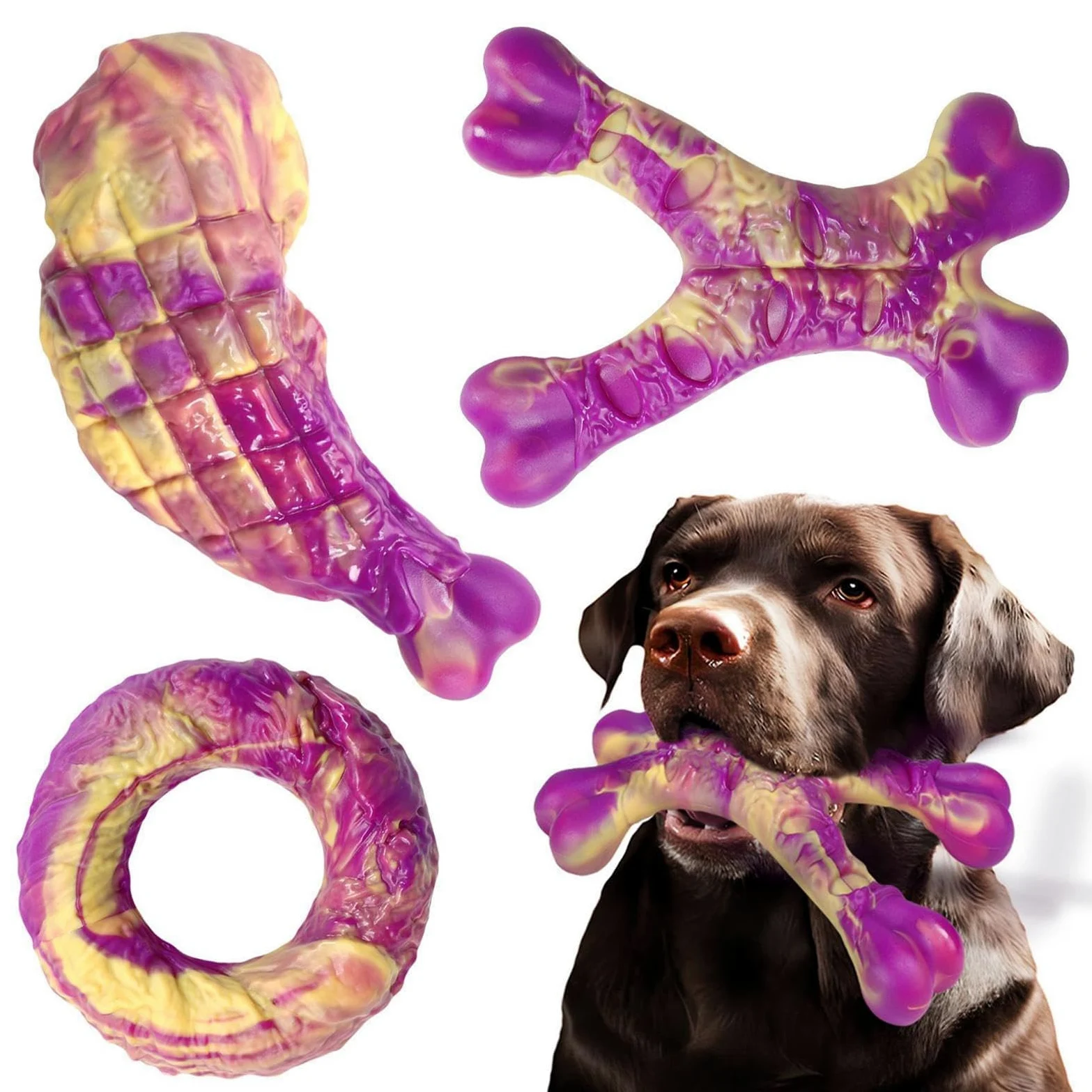 Set di 3 giocattoli interattivi da masticare per cani in nylon | Materiale privo di schegge per la pulizia dei denti; adatto per cuccioli di piccola e media taglia e tutte le razze; per