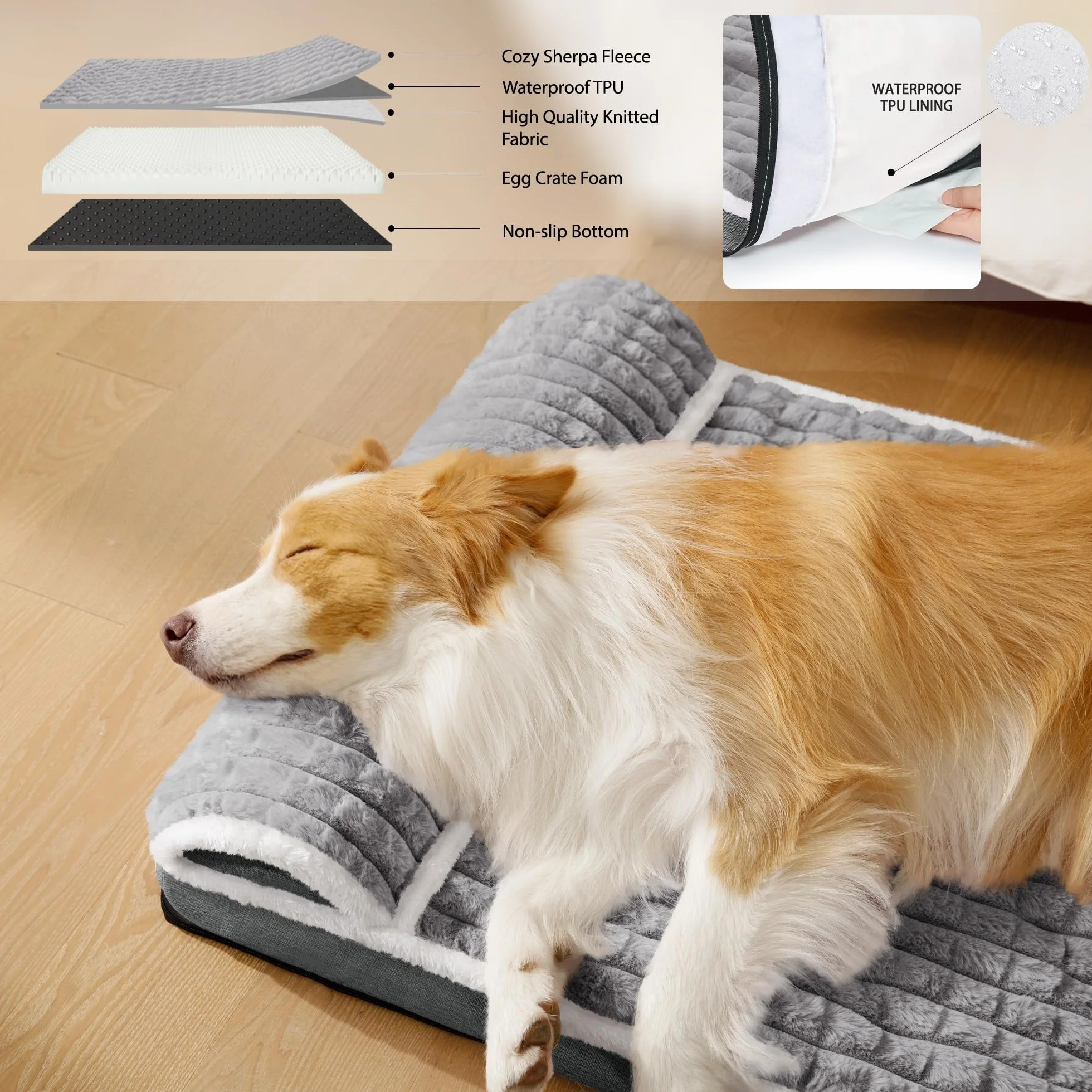 Letto ortopedico XL per cani di grandi dimensioni con cuscino 122 x 76 cm, impermeabile, morbido e confortevole, in schiuma, con rivestimento rimovibile lavabile e fondo antiscivolo, grigio