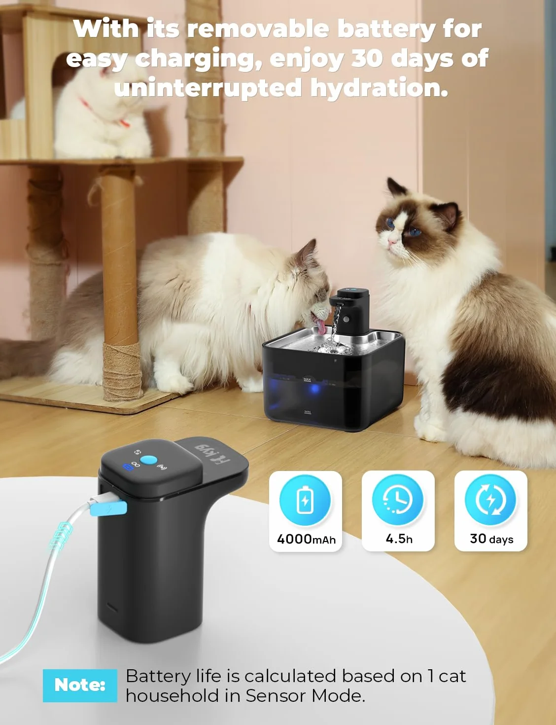 KYG Fontanella per Gatti Senza Fili, 3L Fontanella Gatto Automatica con Sensore di Movimento, Vassoio Acciaio Inox 304, Fontana per Gatti Silenziosa, 4000mAh(Modulo Alimentazione Removibile), Nero