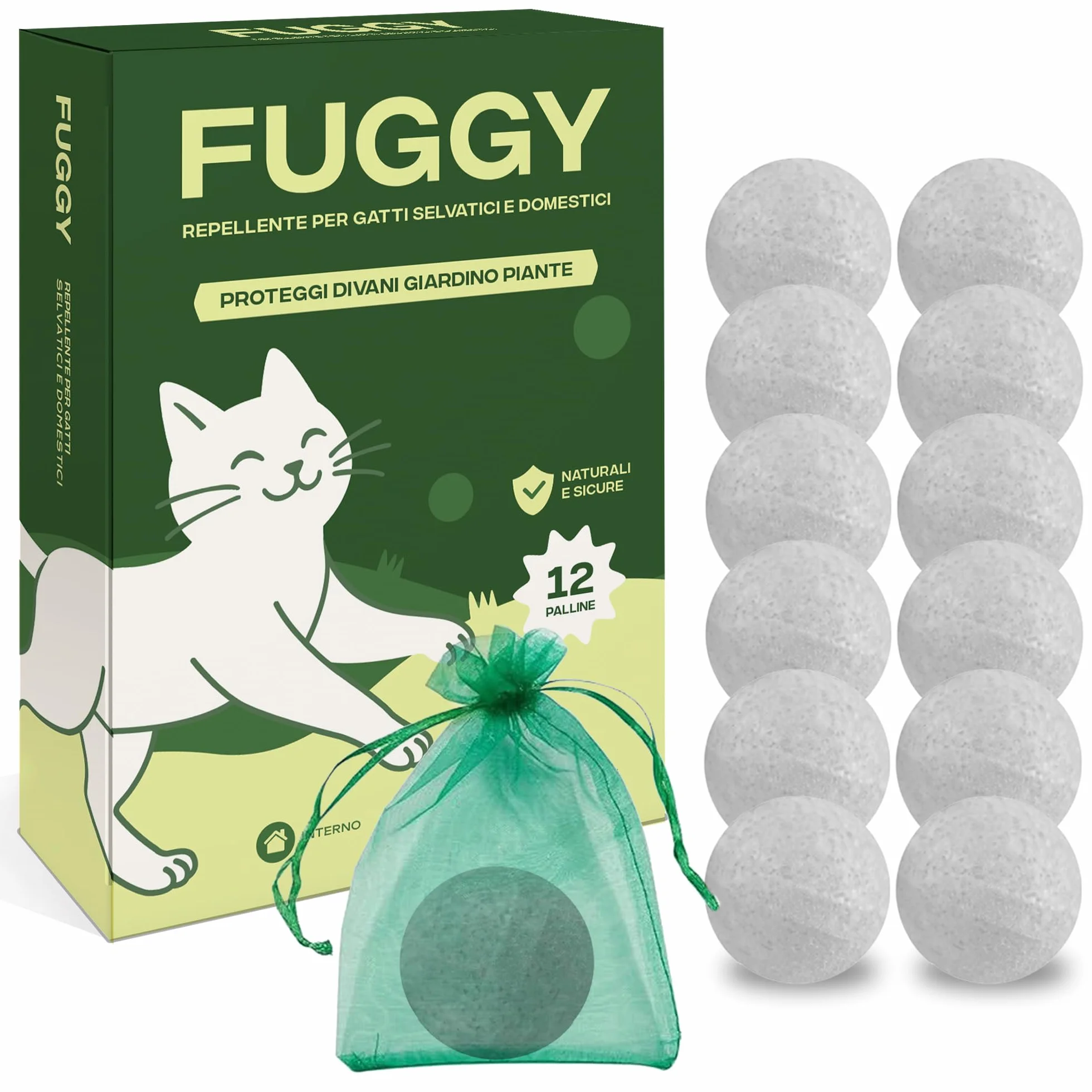 FUGGY - Repellente per Gatti Divano Naturale – Dissuasore e Disabituante Gatti per Interno ed Esterno – 12 Palline + 5 Buste – Anti Gatto Divano e Giardino