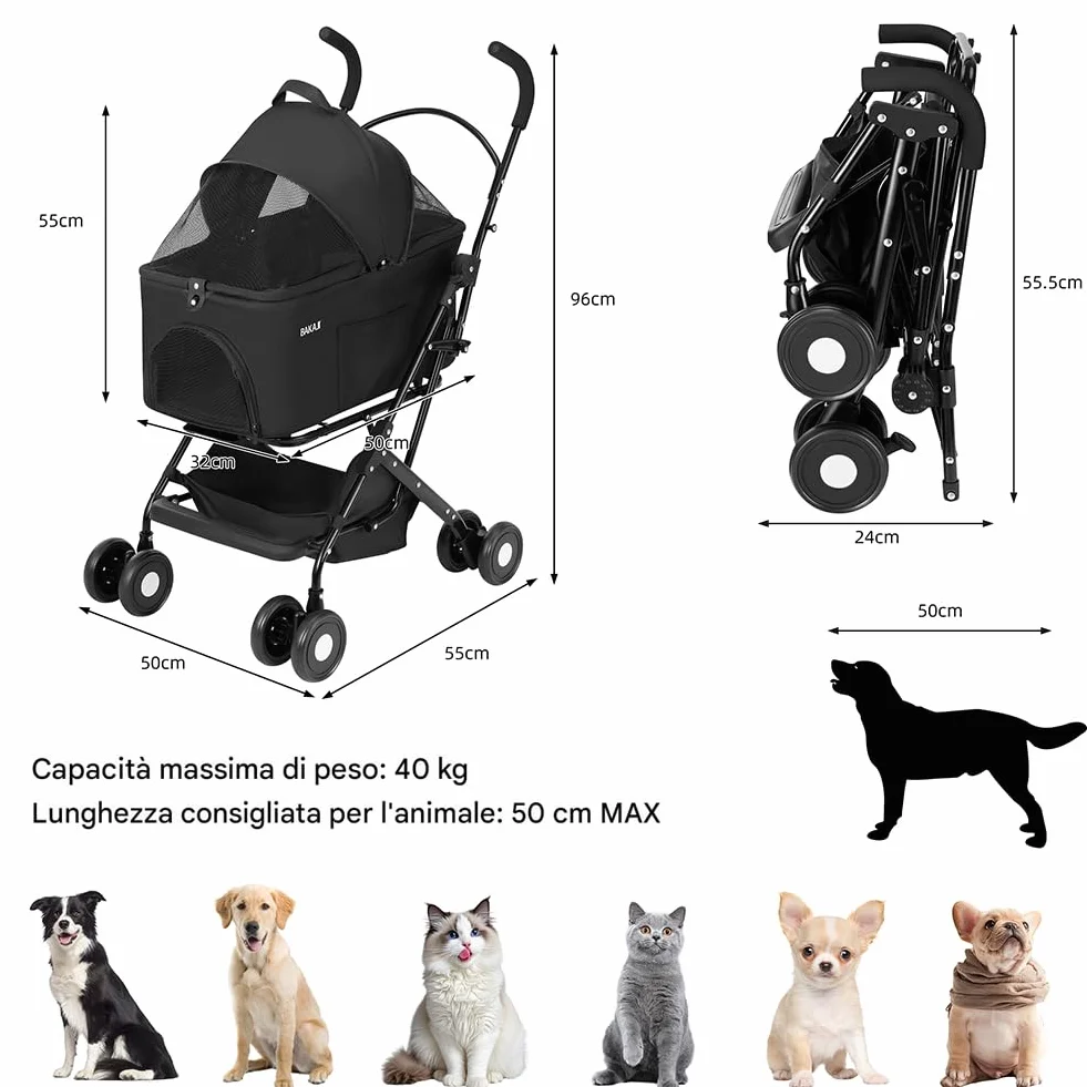 BAKAJI Passeggino per Animali Domestici 2 in 1 Carico Massimo 40kg Pieghevole e Salvaspazio, Capsula Rimovibile, Carrozzina per Cani e Gatti con Trasportino Removibile e Cestello Portaoggetti (Nero)