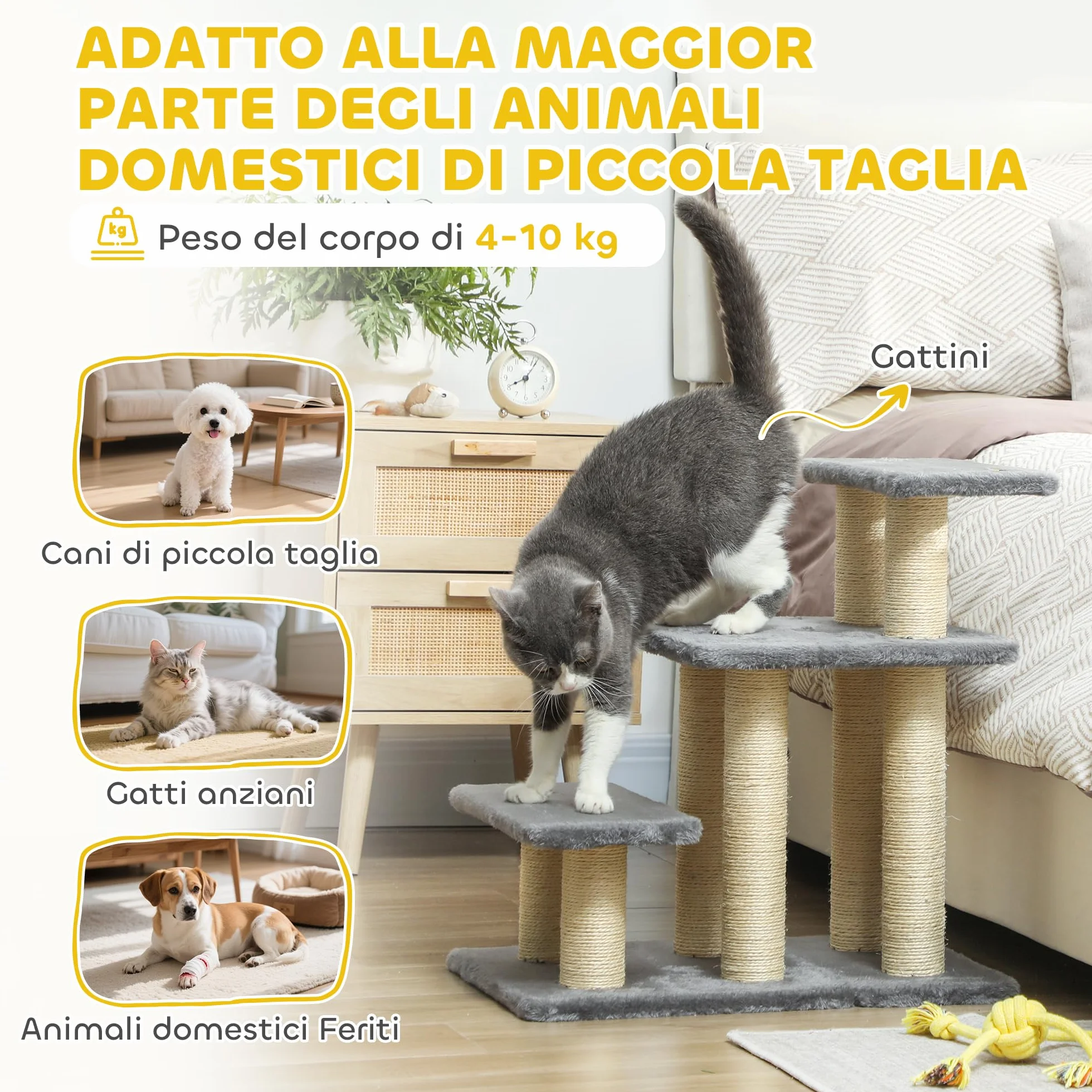 PawHut Scaletta per Cani e Gatti 3 Scalini in Peluche e Pali Tiragraffi in Sisal, Grigio