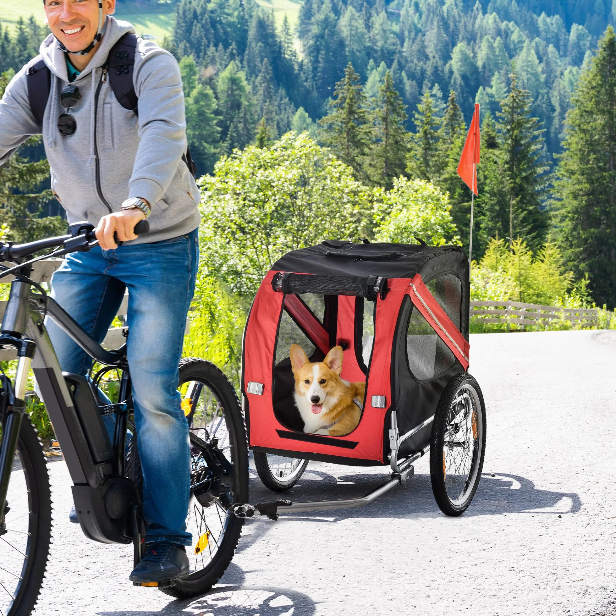 PawHut rimorchio bicicletta per cane animali pieghevole 8 riflettori Bandiera barra traino incluso Acciaio Poliestere Impermeabile Max. 40 kg 140 x 90 x 106 cm