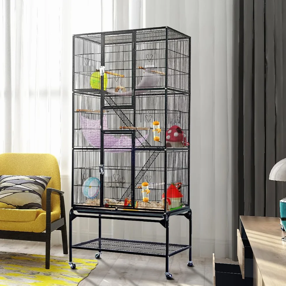 Yaheetech Gabbia Voliera per Uccelli Pappagalli Inseparabili Calopsite Grande con Piedistallo in Metallo Giocattolo Gabbia per Conigli Nano Criceti Gatti 77 x 46 x 175,5 cm Nera