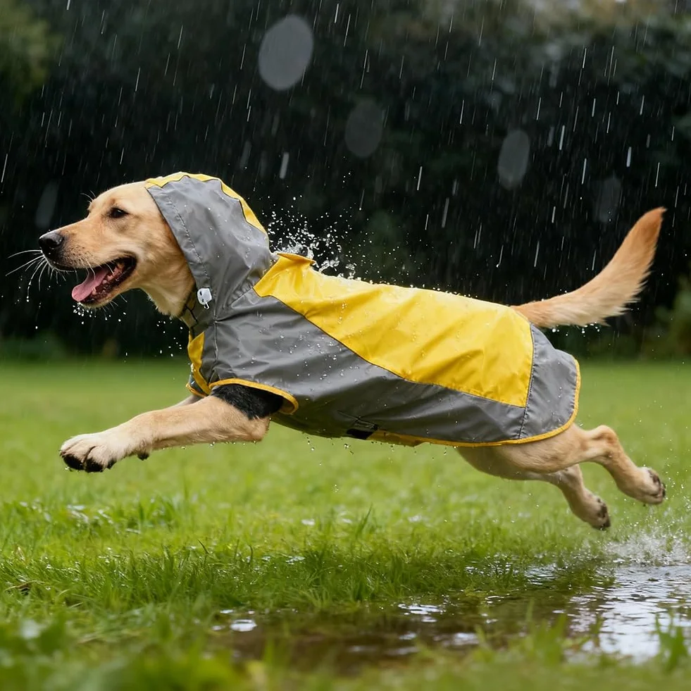 AOOWU Impermeabile Cane, Impermeabile Cane Giacca Riflettente per Cani con Cappuccio, Giallo Impermeabile per Cani per Adatto a Cani di Taglia Grande, Media e Piccola (L)
