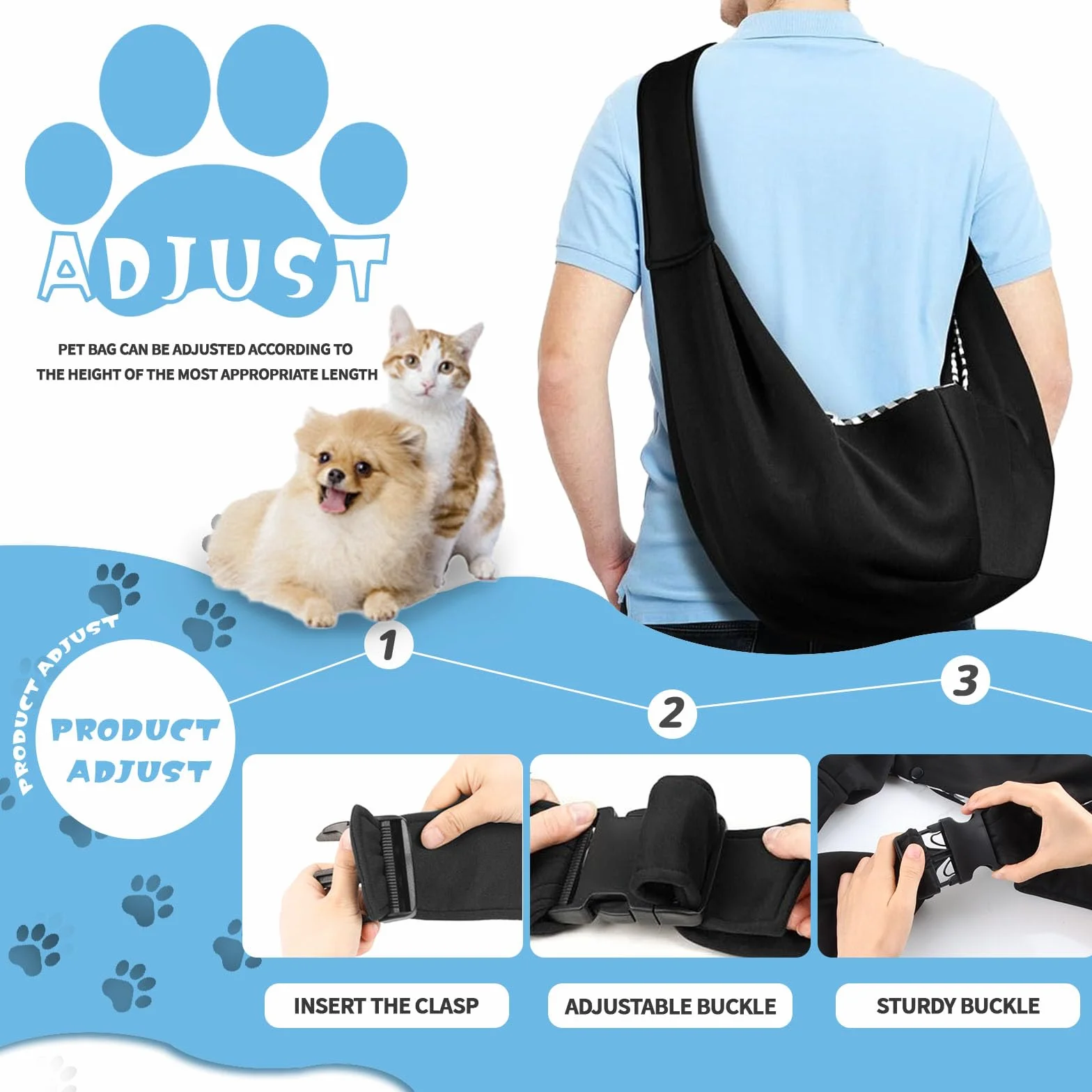 ACTOYS Borsa a Tracolla Regolabile e Reversibile per Animali Domestici, Trasportino Portatile da Viaggio per Cani da Passeggio (Nero)