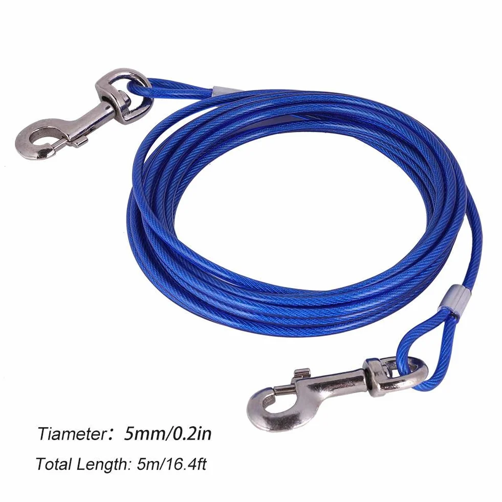 Dog Chain Extendable for Pets Long Steel Wire Dog Rope with Double Clips, Chew Resistant Tie Out for Picnic, Camping, Outdoor Use Secure Animal Safety with Durable Cord (Blue)