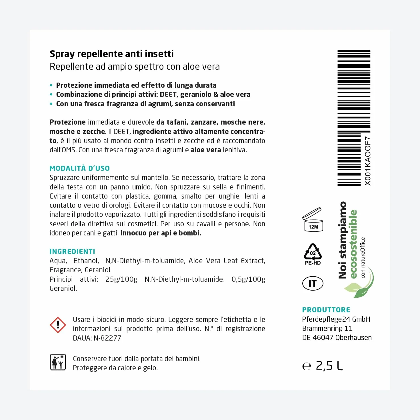 PFERDEPFLEGE24 Repellente Insetti Cavallo Spray 1l - Protezione immediata con Aloe Vera - Effetto Lunga Durata contro tafani, zanzare, mosche e zecche